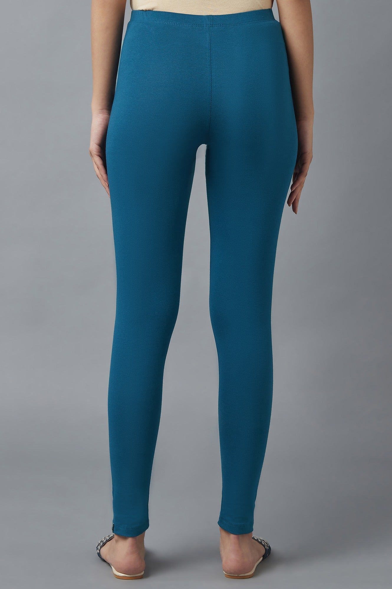 Blue Solid Skinny Fit Cotton Tights With Elasticated Waist