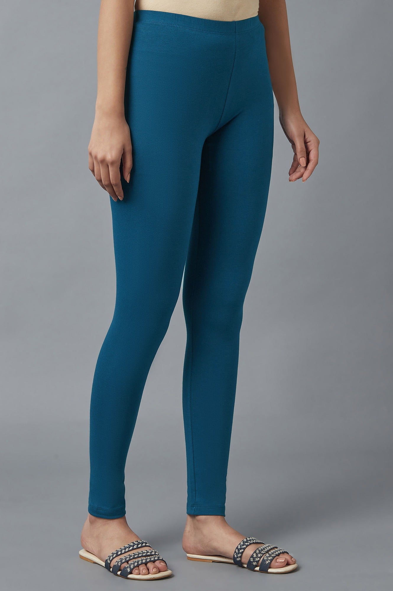 Blue Solid Skinny Fit Cotton Tights With Elasticated Waist