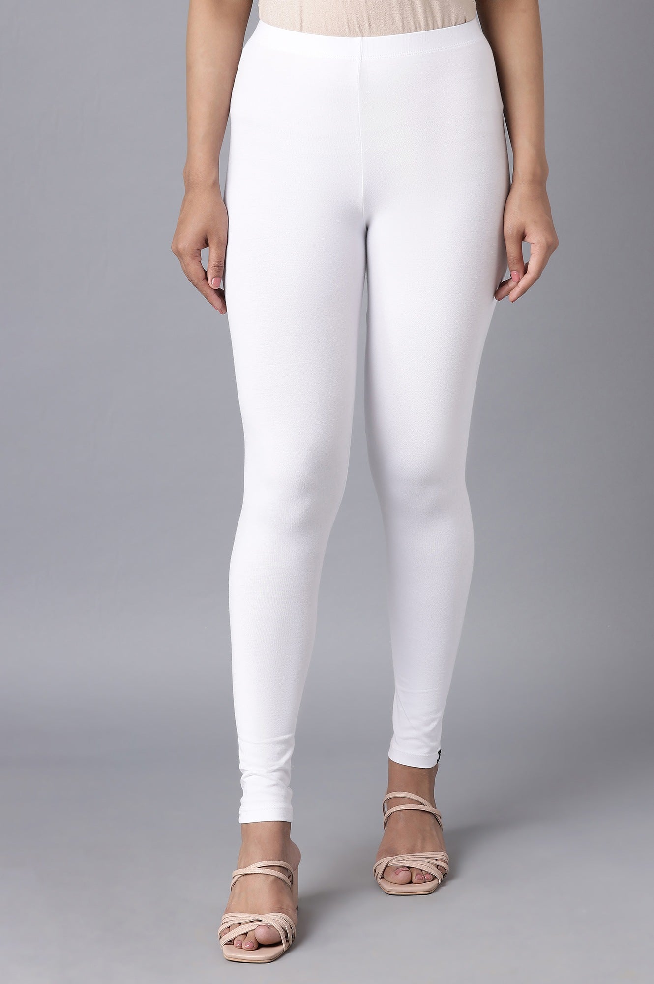 White Solid Skinny Fit Cotton Tights With Elasticated Waist