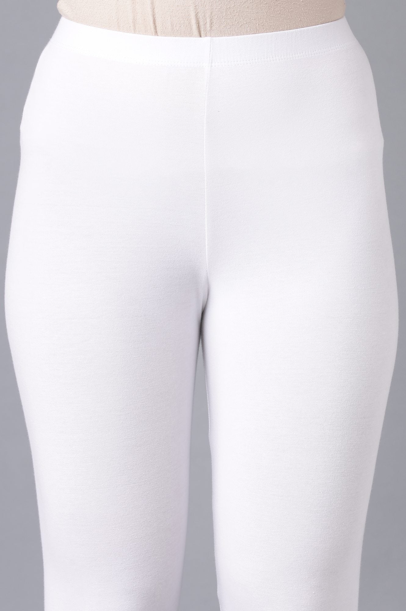 White Solid Skinny Fit Cotton Tights With Elasticated Waist