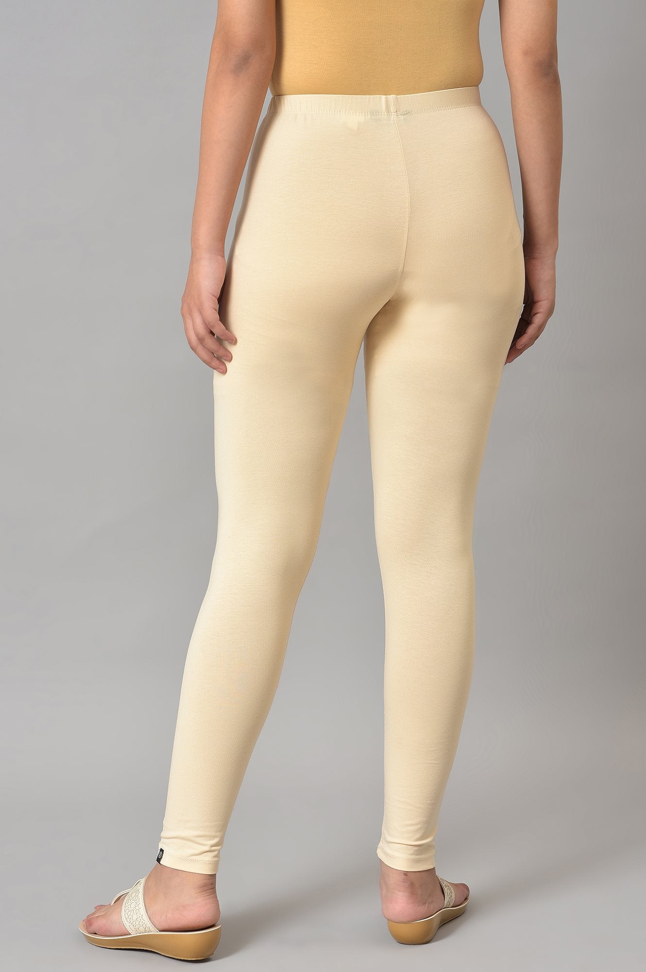 Beige Solid Skinny Fit Cotton Tights With Elasticated Waistband