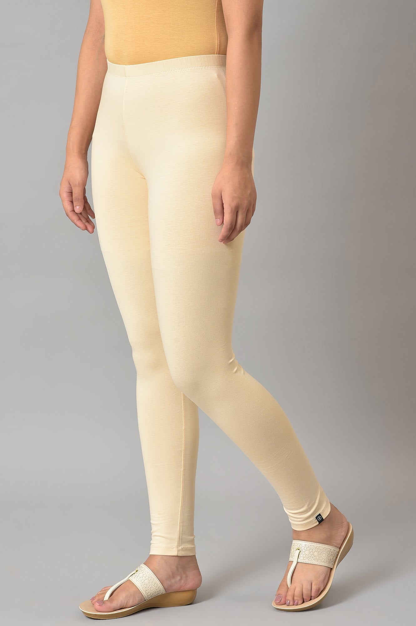 Beige Solid Skinny Fit Cotton Tights With Elasticated Waistband