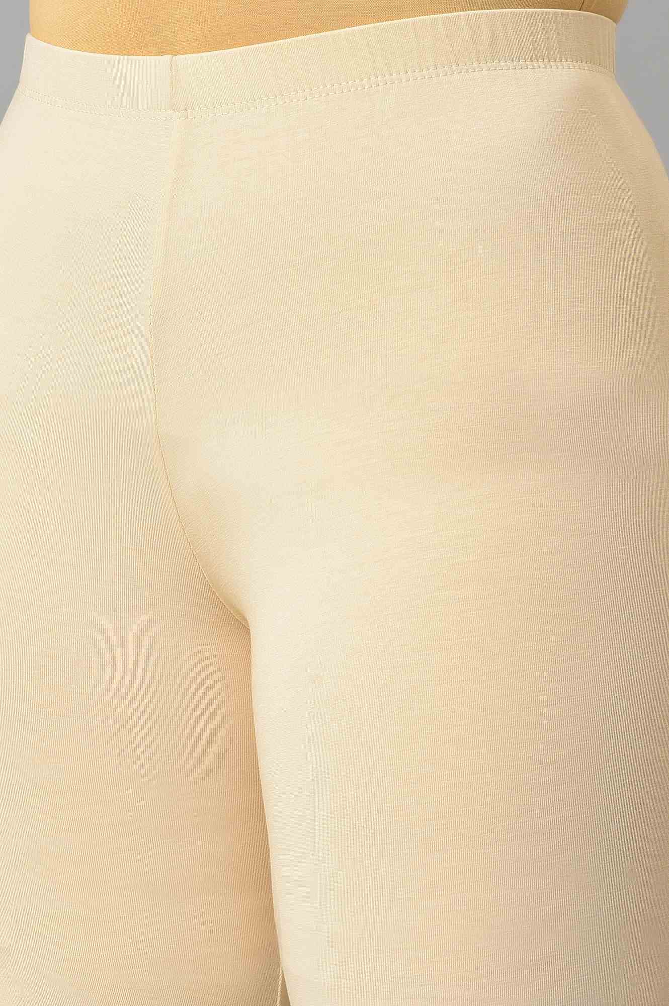 Beige Solid Skinny Fit Cotton Tights With Elasticated Waistband