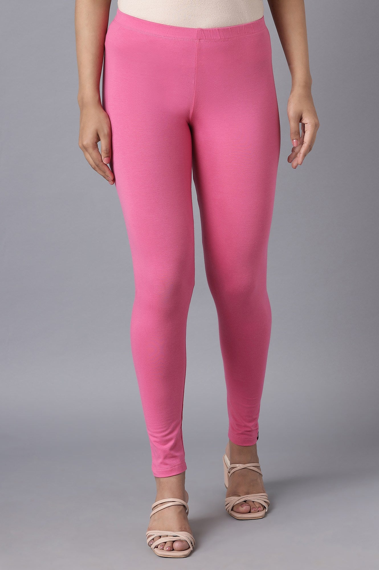 Pink Solid Skinny Fit Cotton Tights With Elasticated Waistband