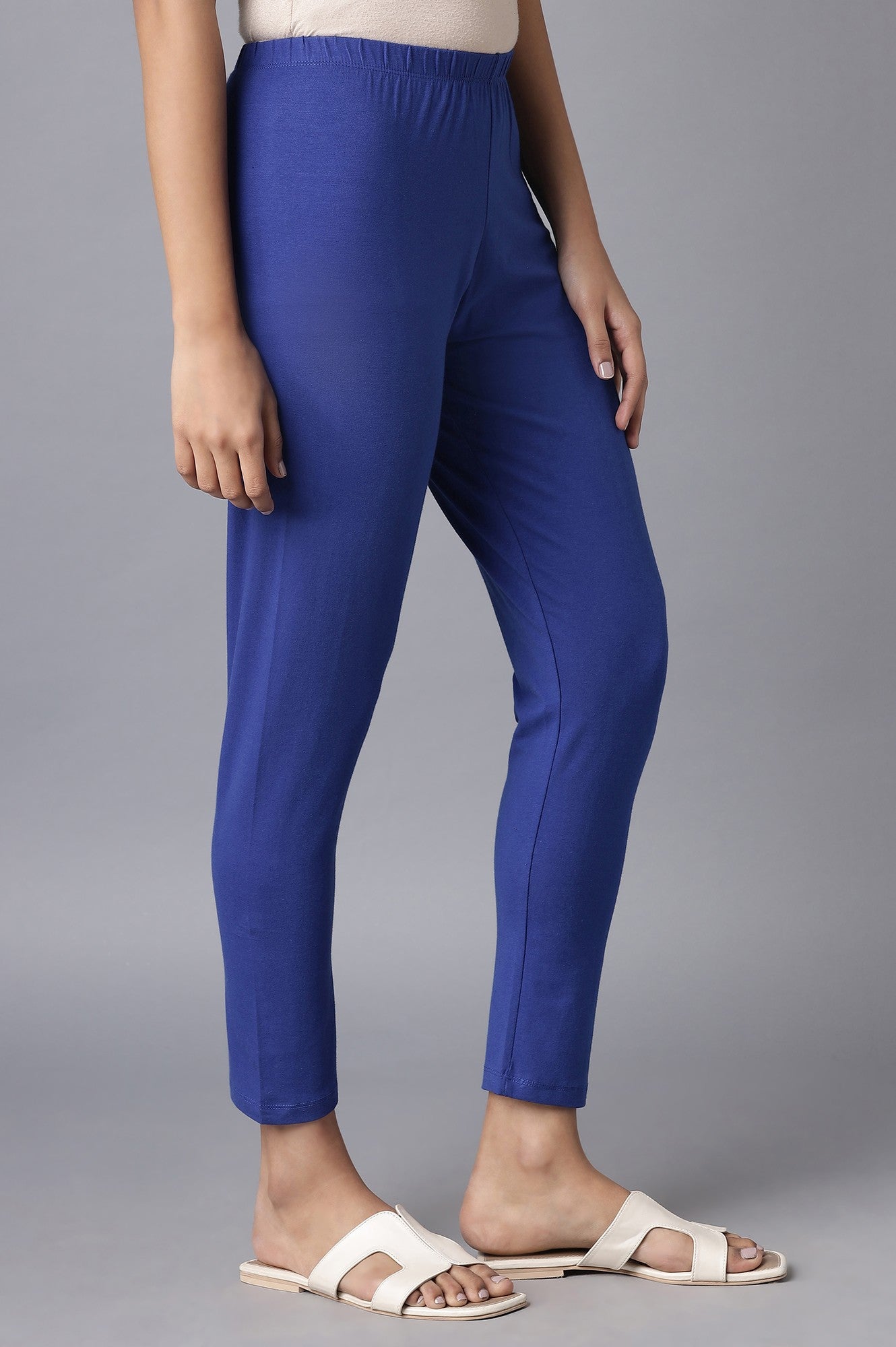Blue Solid Skinny Fit Cotton Tights With Elasticated Waist