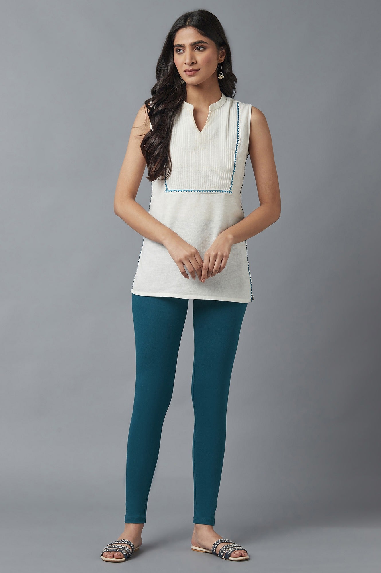 Navy Blue Solid Skinny Fit Cotton Tights With Elasticated Waist