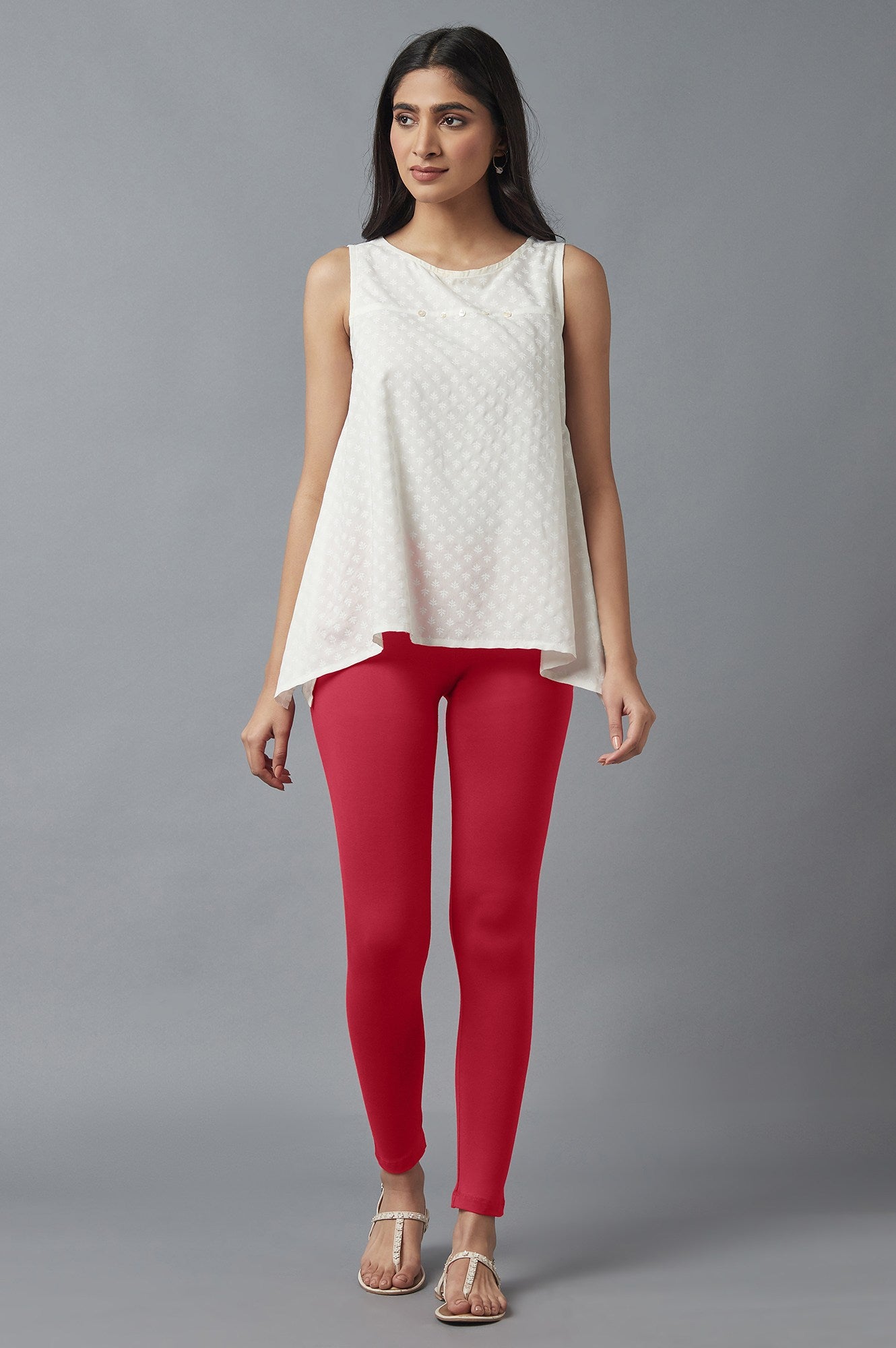 Red Solid Skinny Fit Cotton Tights With Elasticated Waist