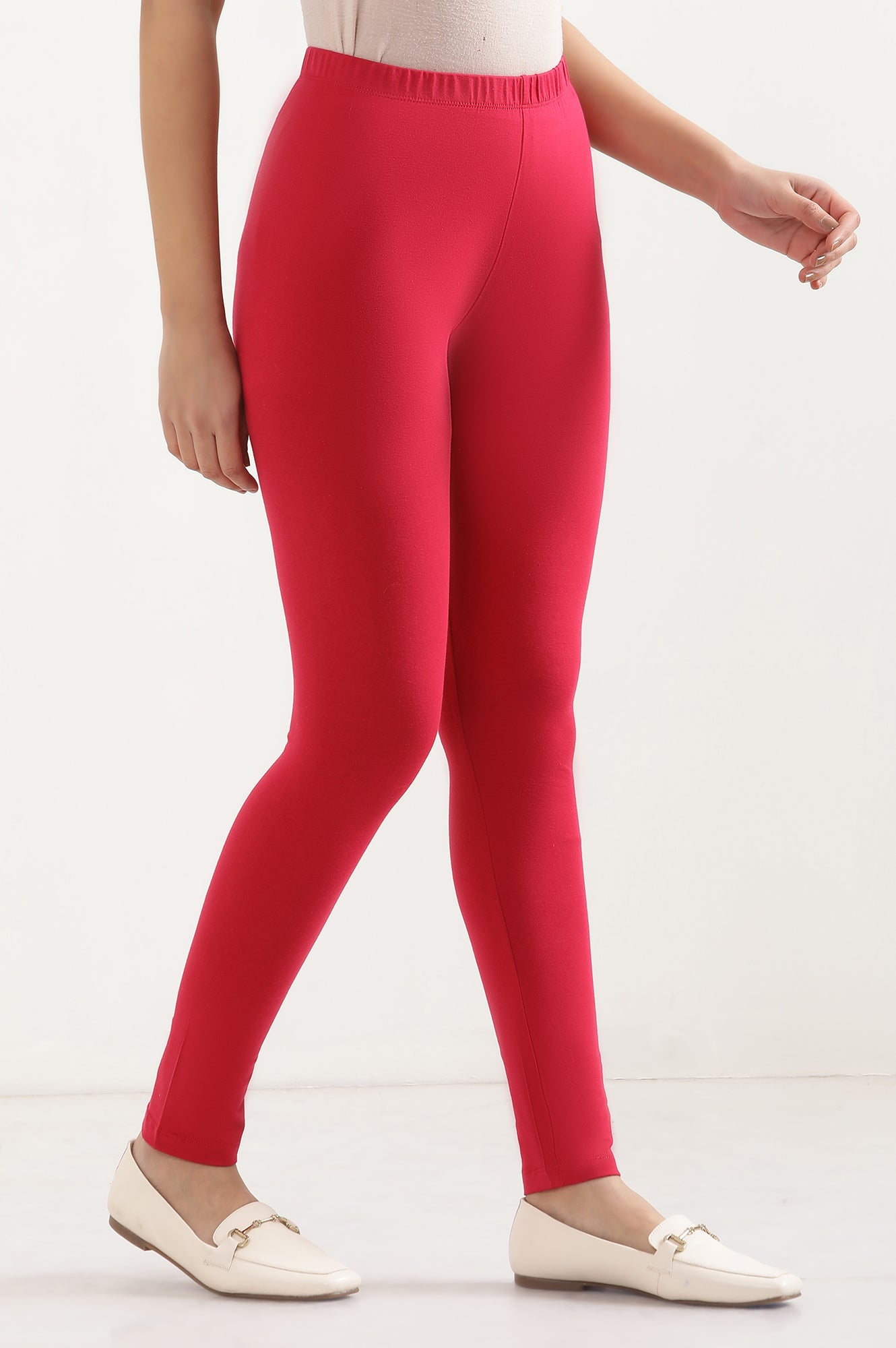 Pink Solid Skinny Fit Cotton Tights With Elasticated Waist