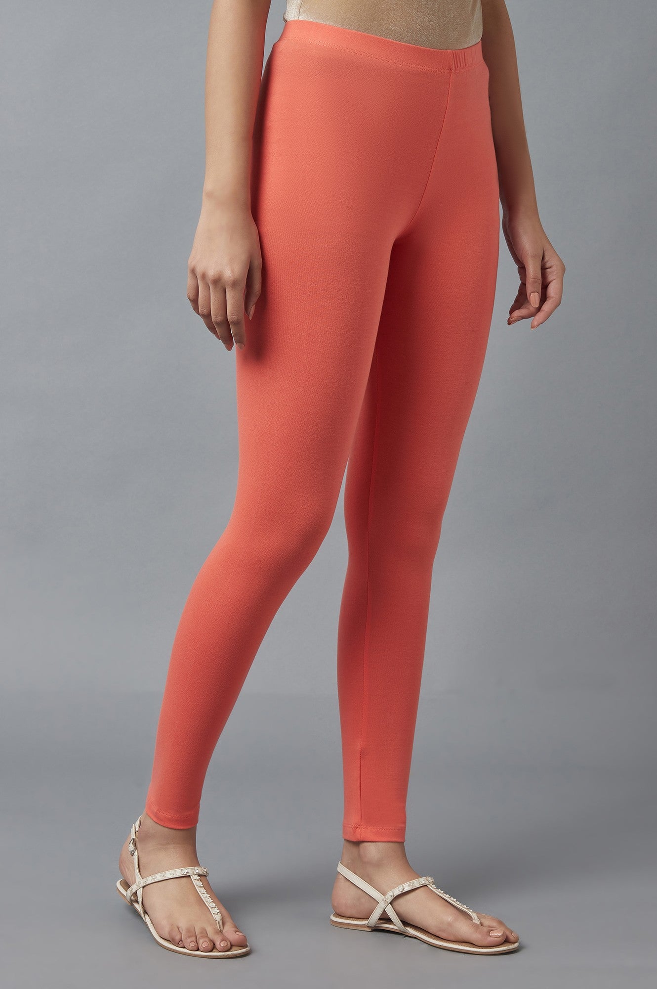 Peach Solid Skinny Fit Cotton Tights With Elasticated Waist