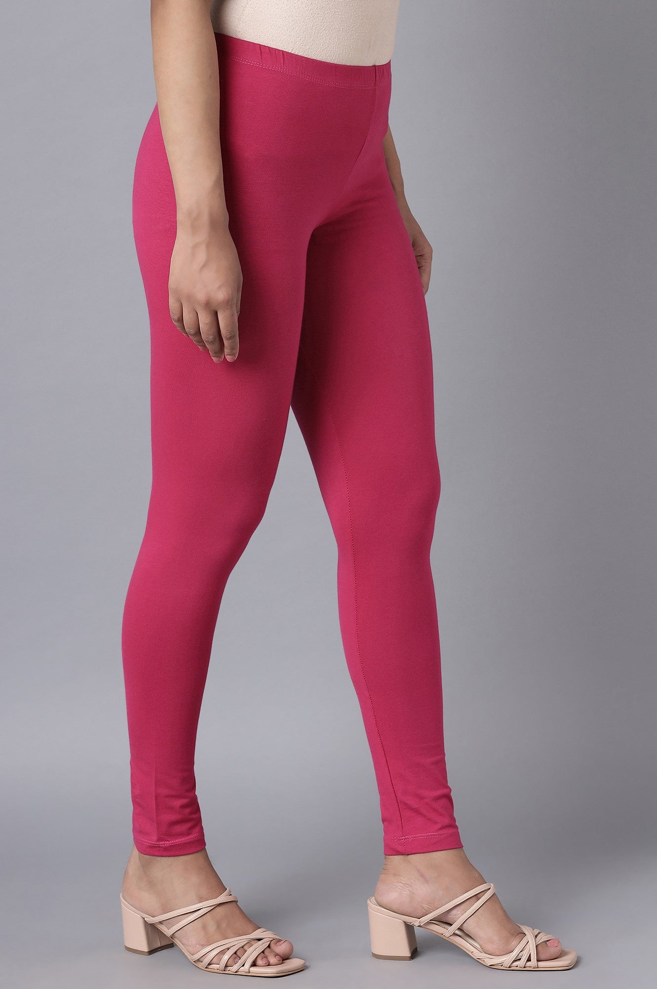 Pink Solid Skinny Fit Cotton Tights With Elasticated Waist