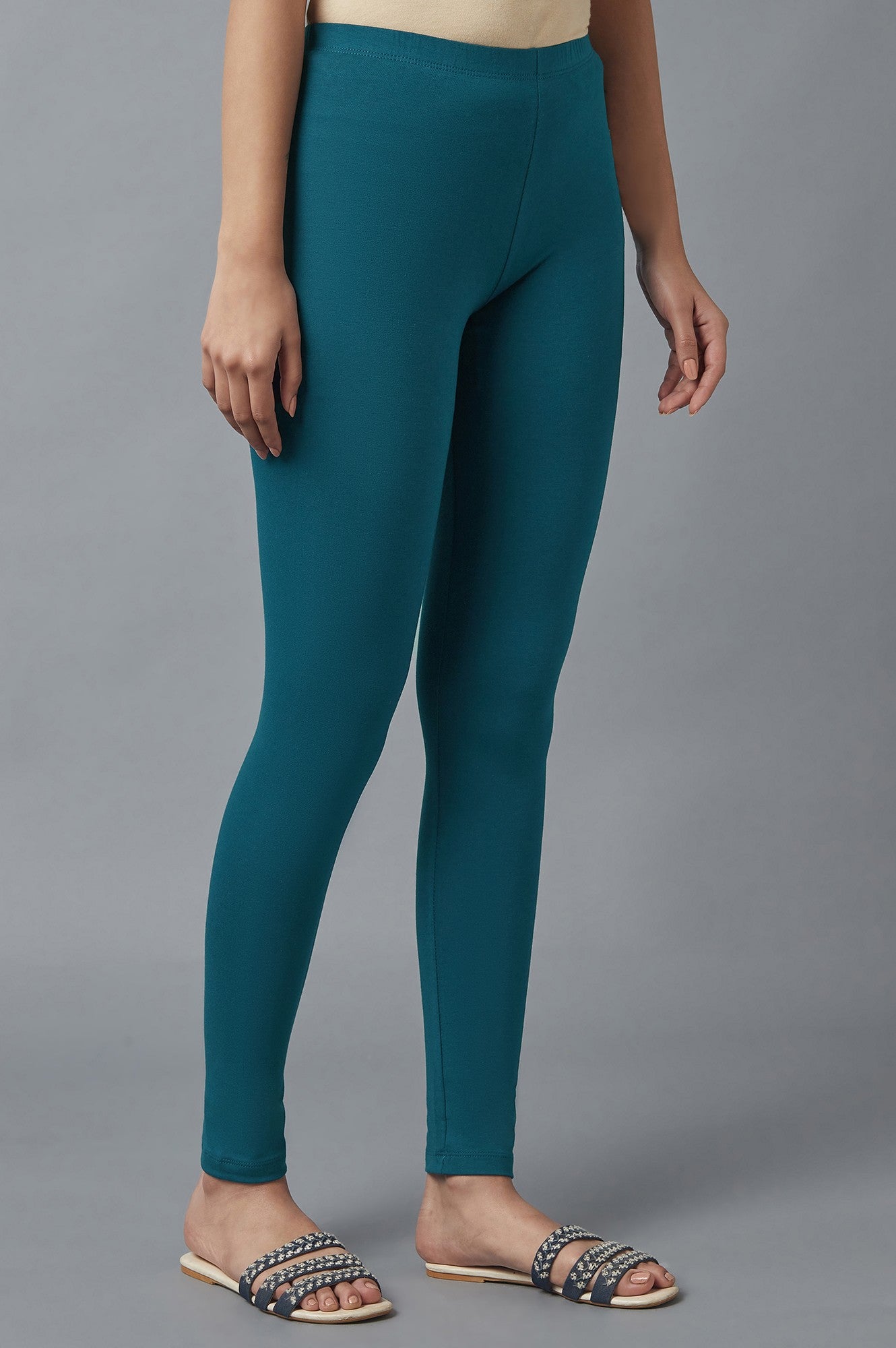 Teal Solid Skinny Fit Cotton Tights With Elasticated Waist