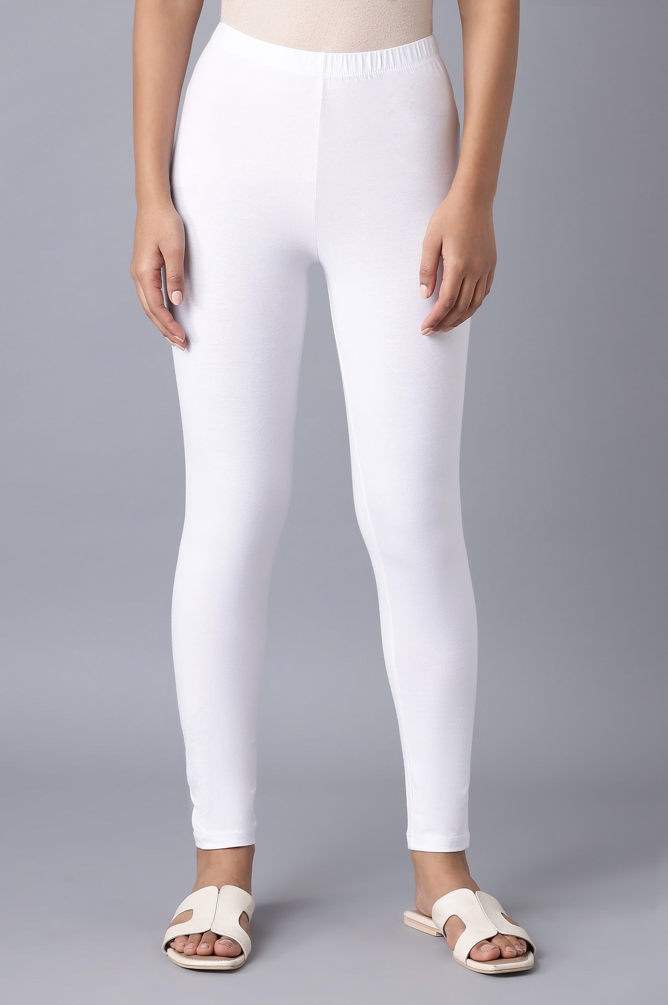 White Solid Skinny Cotton Tights With Elasticated Waist