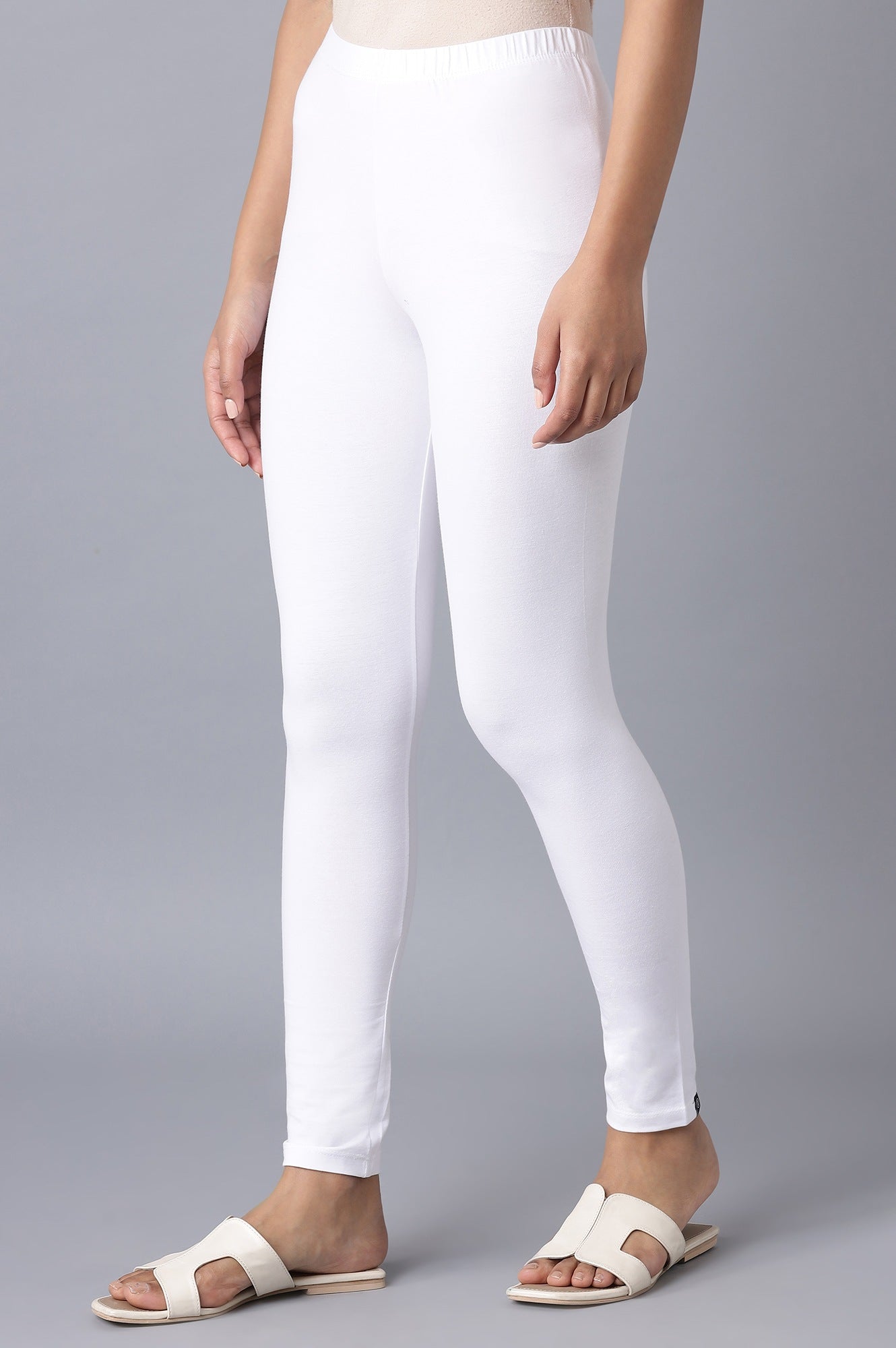 White Solid Skinny Cotton Tights With Elasticated Waist