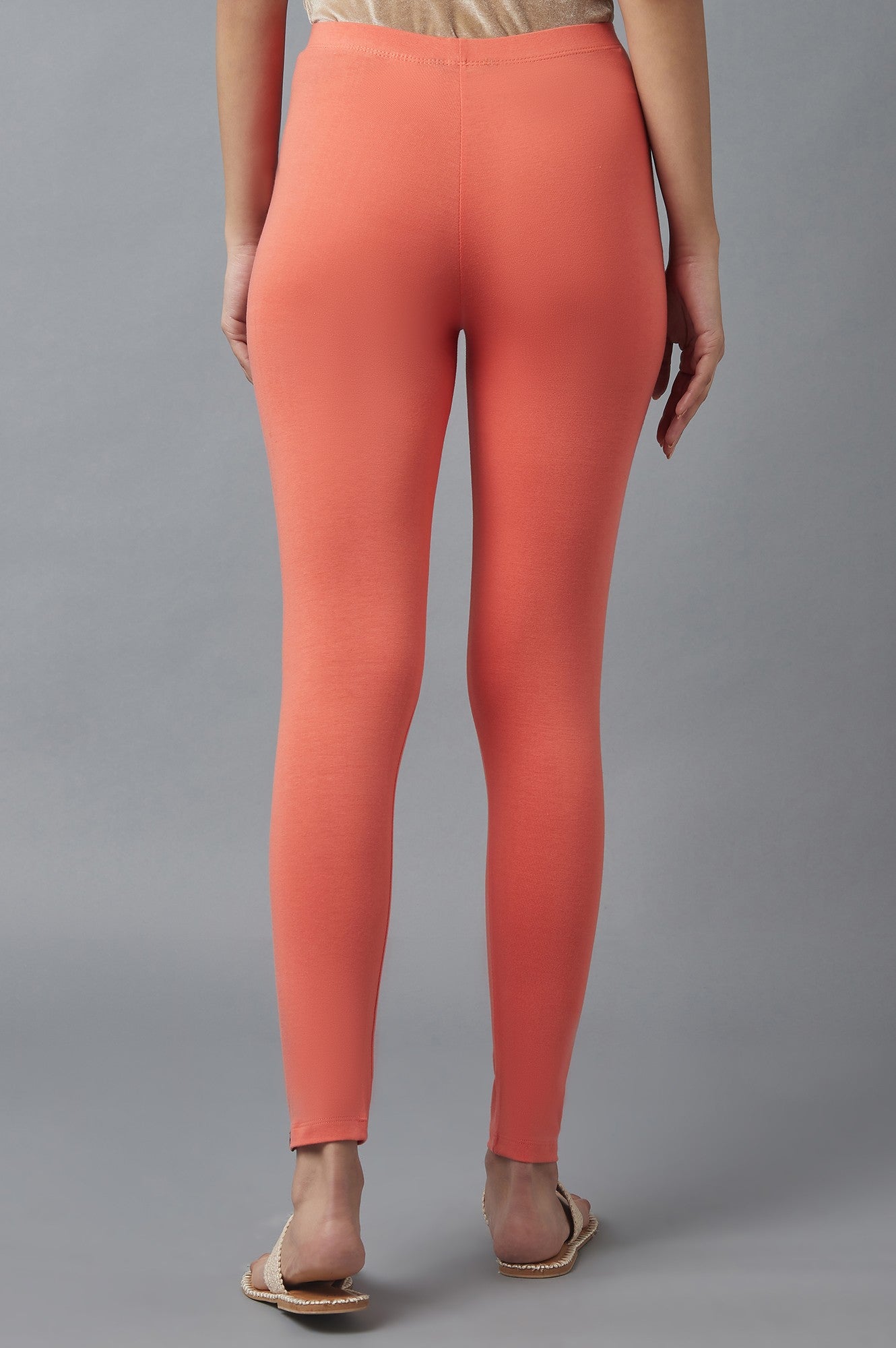 Peach Solid Skinny Cotton High Waisted Tights