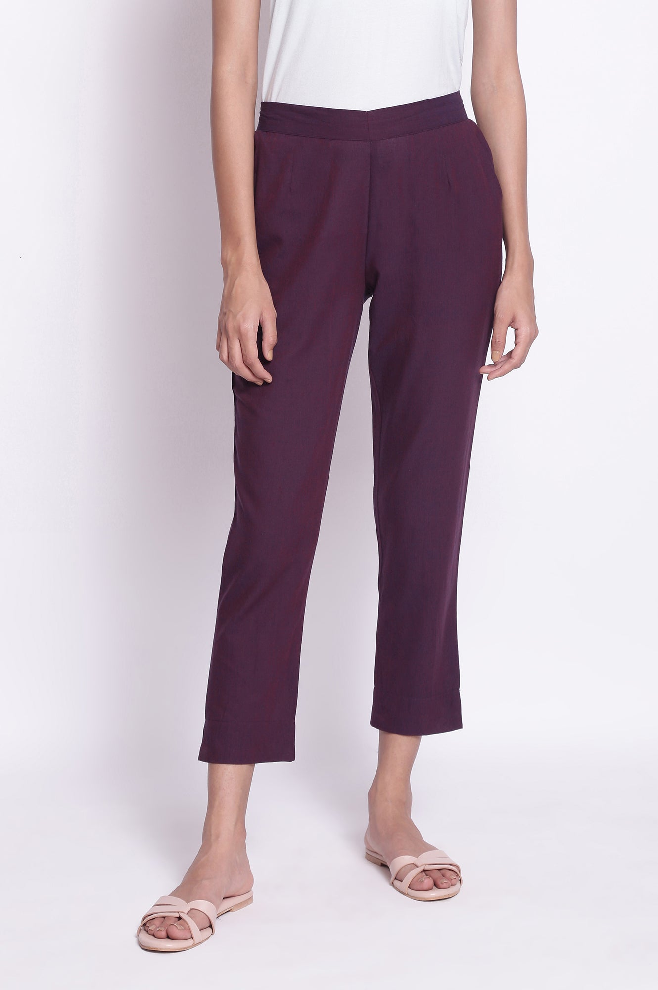 Purple Solid Straight Fit Cotton Pants With Elasticated Waistband