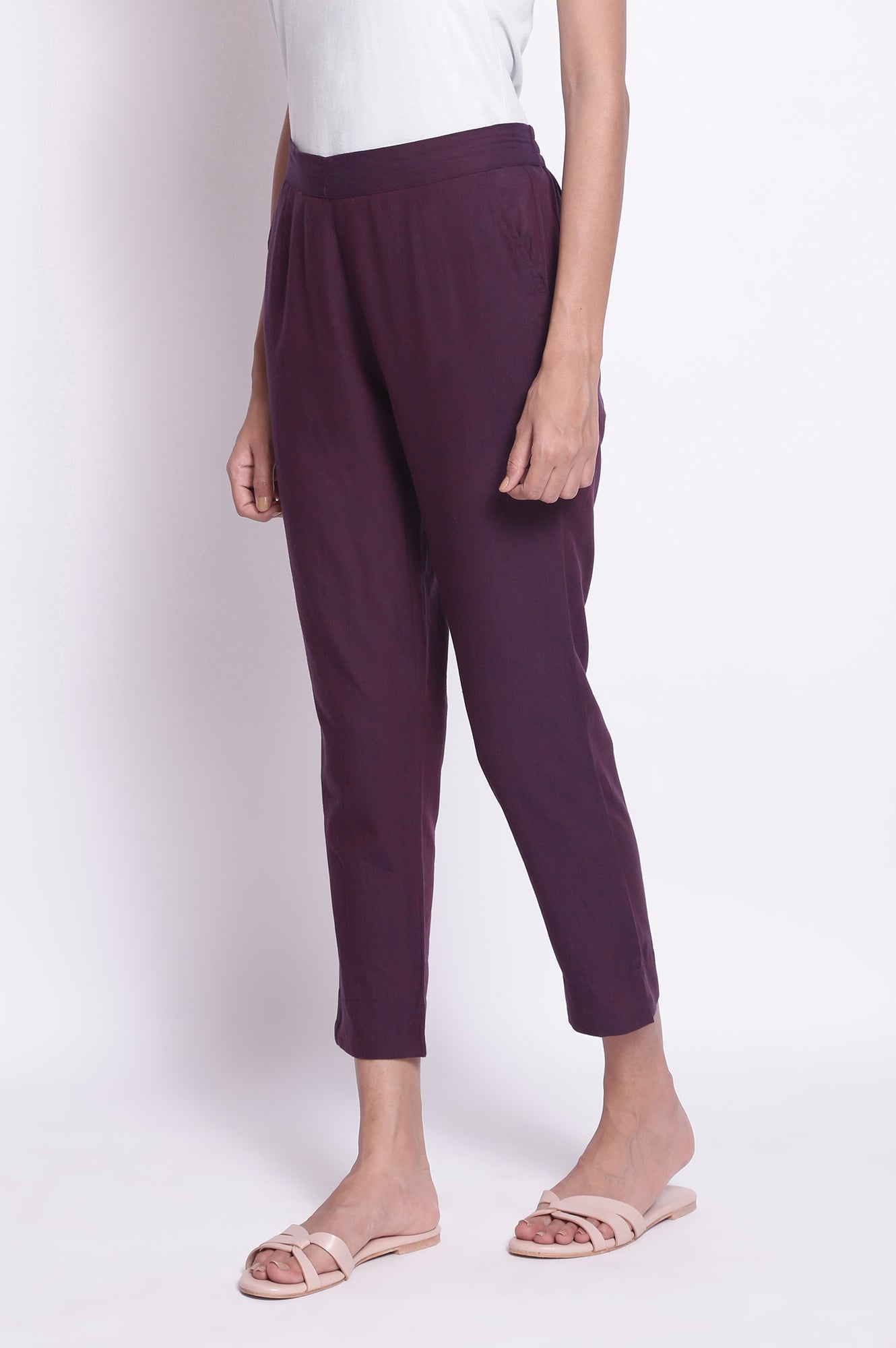 Purple Solid Straight Fit Cotton Pants With Elasticated Waistband