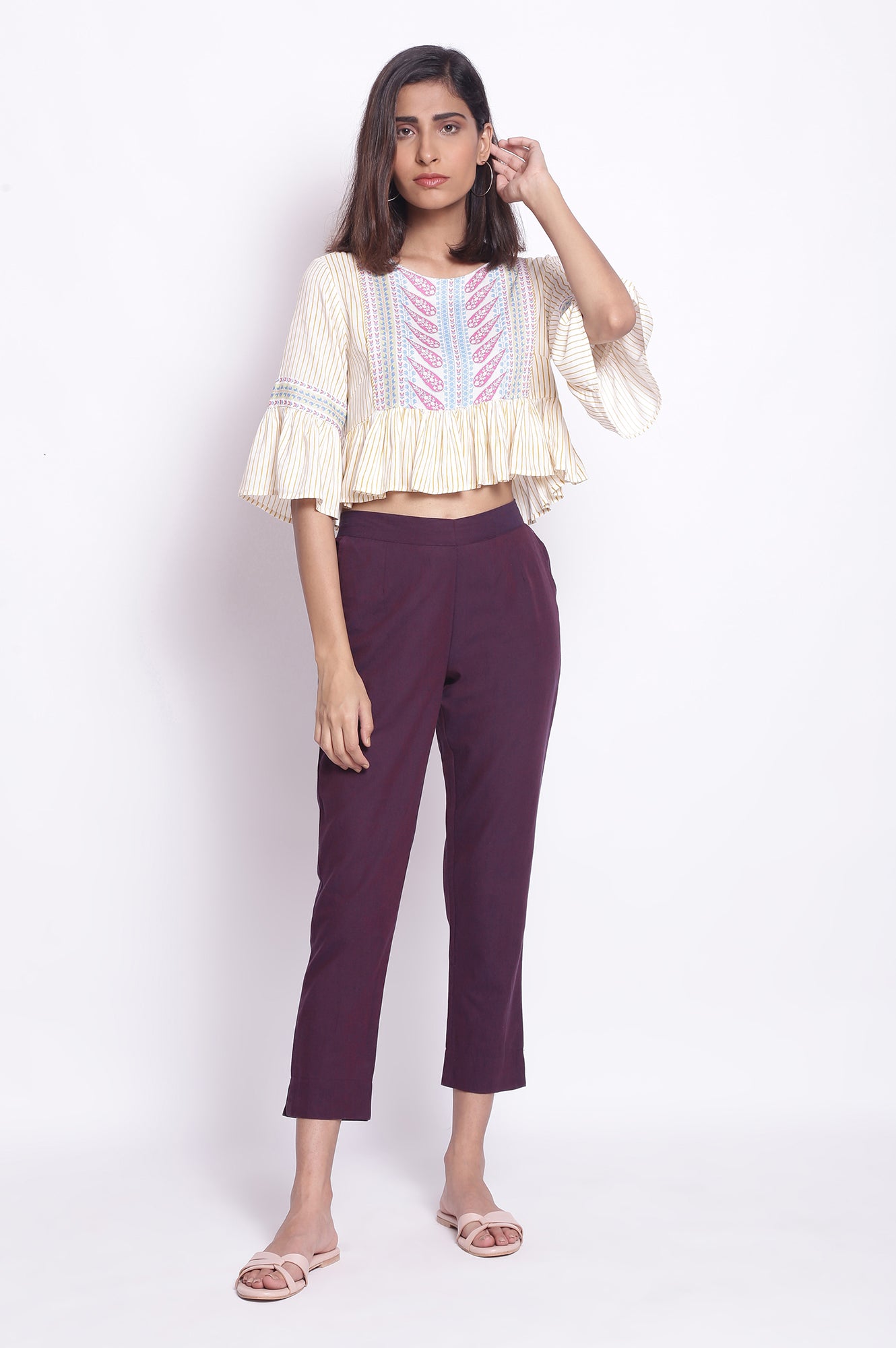 Purple Solid Straight Fit Cotton Pants With Elasticated Waistband