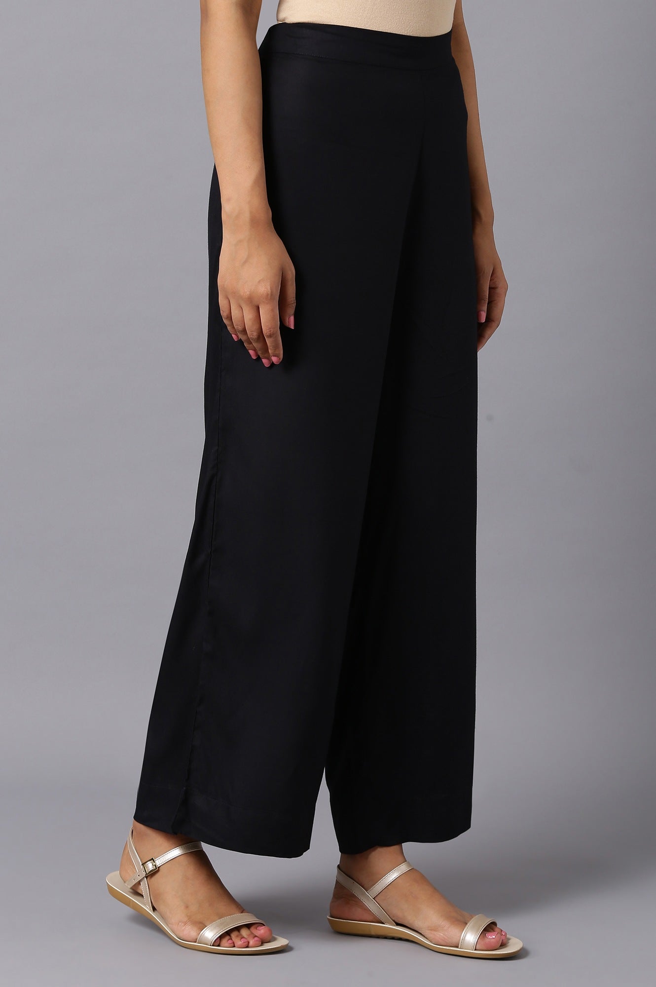 Black Solid Wide Leg Woven Palazzo With Elasticated Waistband