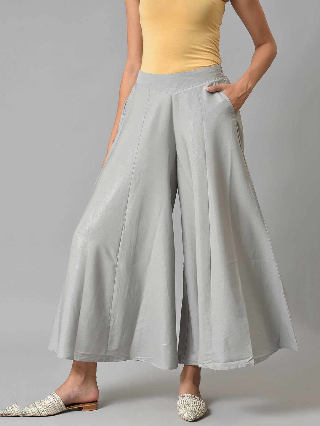 Grey Solid Flared American Crepe Palazzo With Pockets