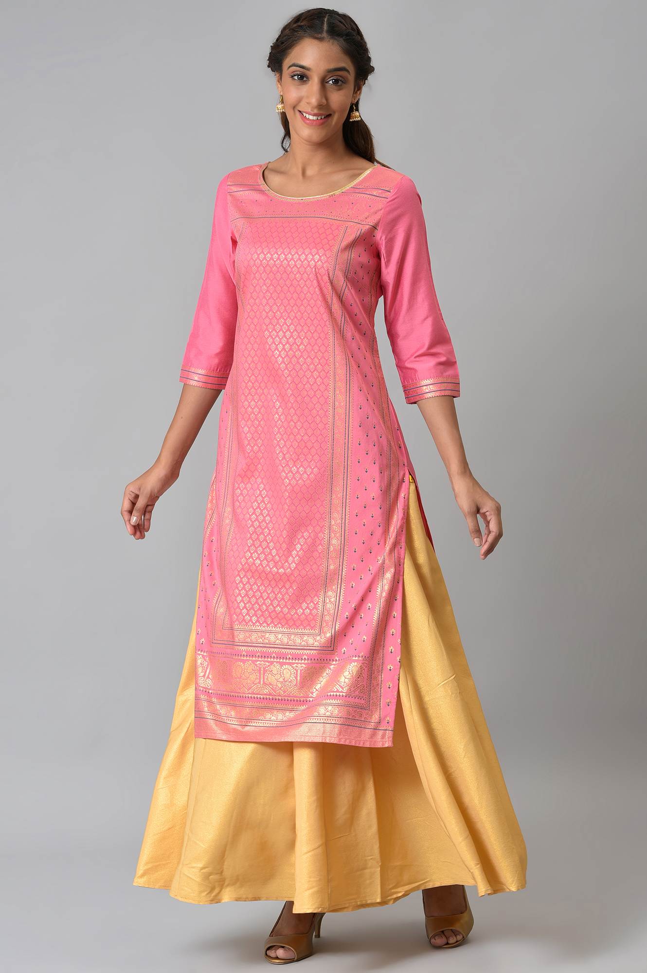 Gold Solid Flared Woven Palazzo With Side Pockets