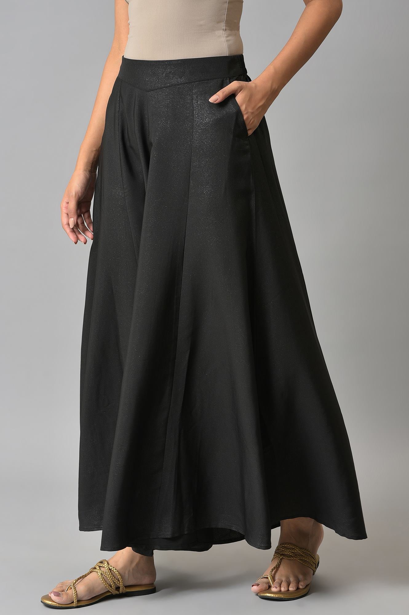 Black Solid Flared Woven Palazzo With Side Pockets