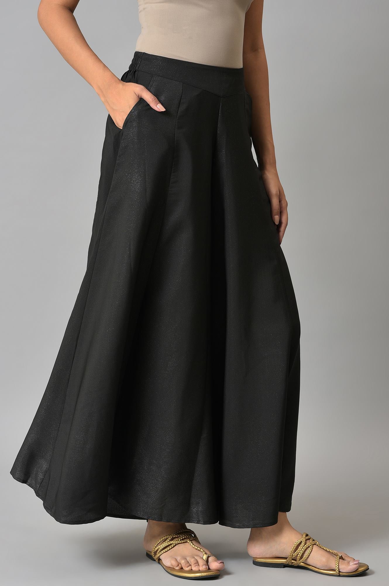 Black Solid Flared Woven Palazzo With Side Pockets