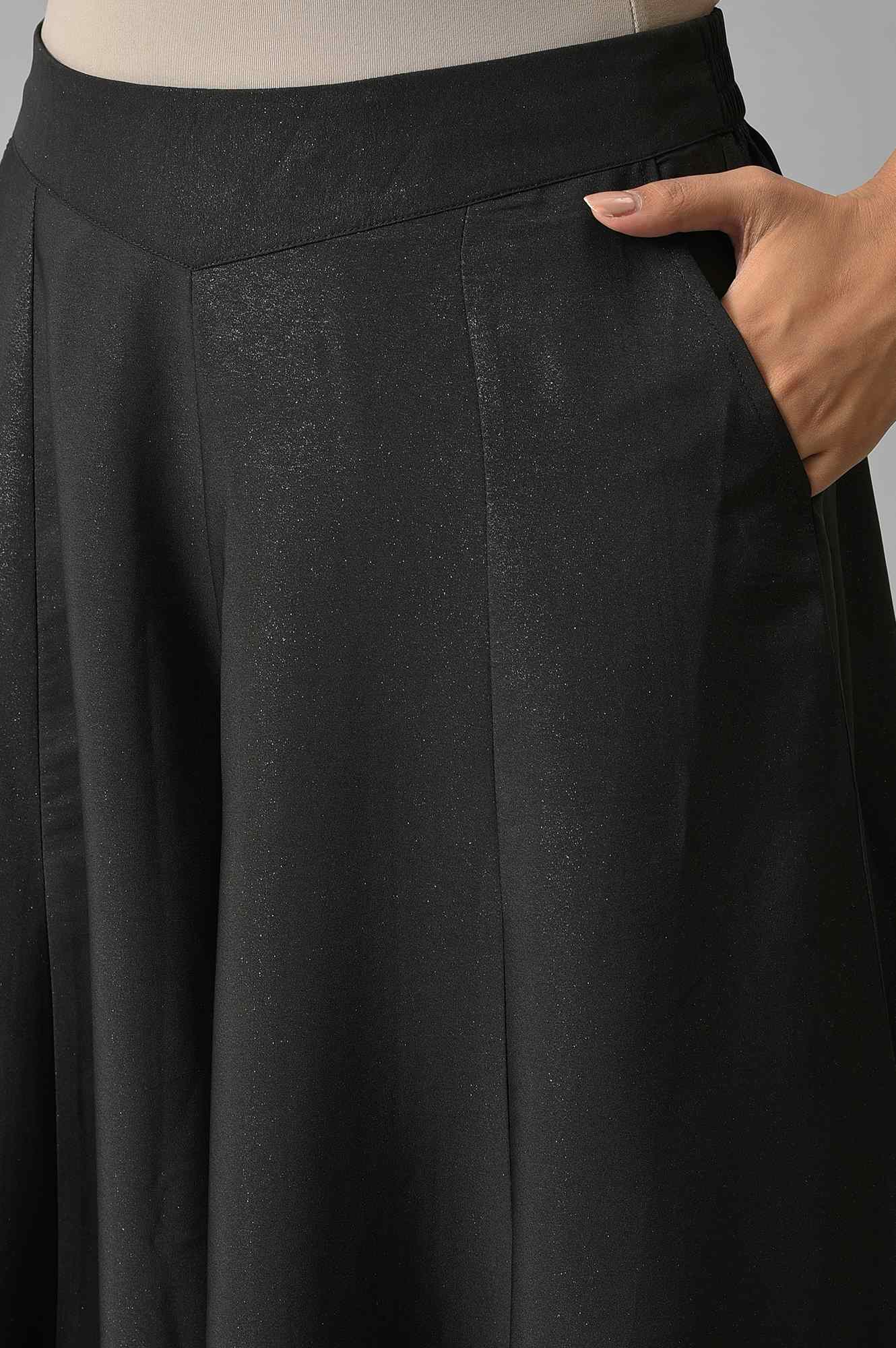 Black Solid Flared Woven Palazzo With Side Pockets