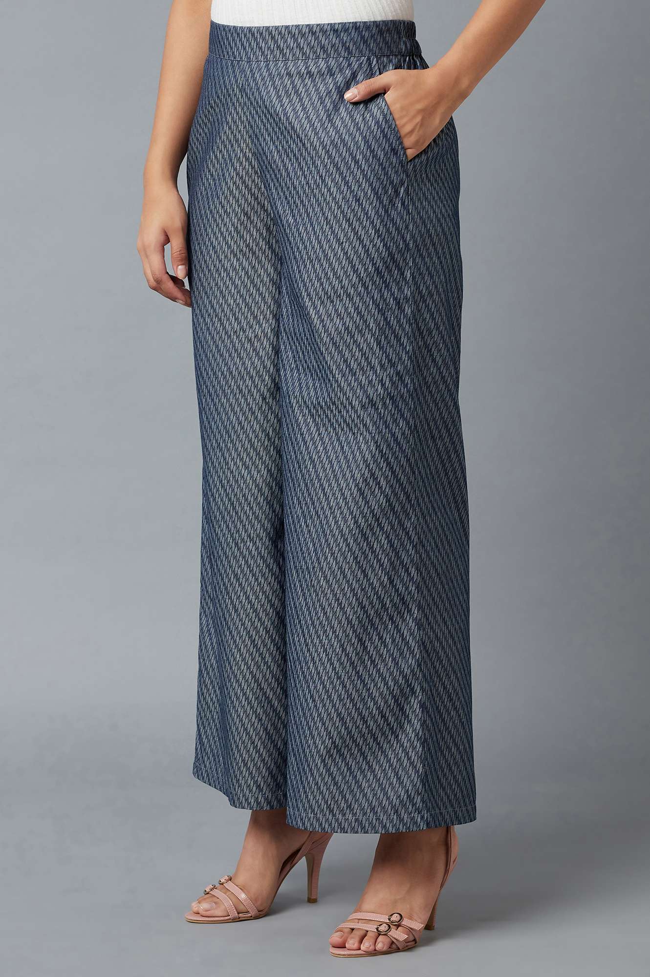 Blue Geometric Printed Flared Cotton Palazzo With Elasticated Waist