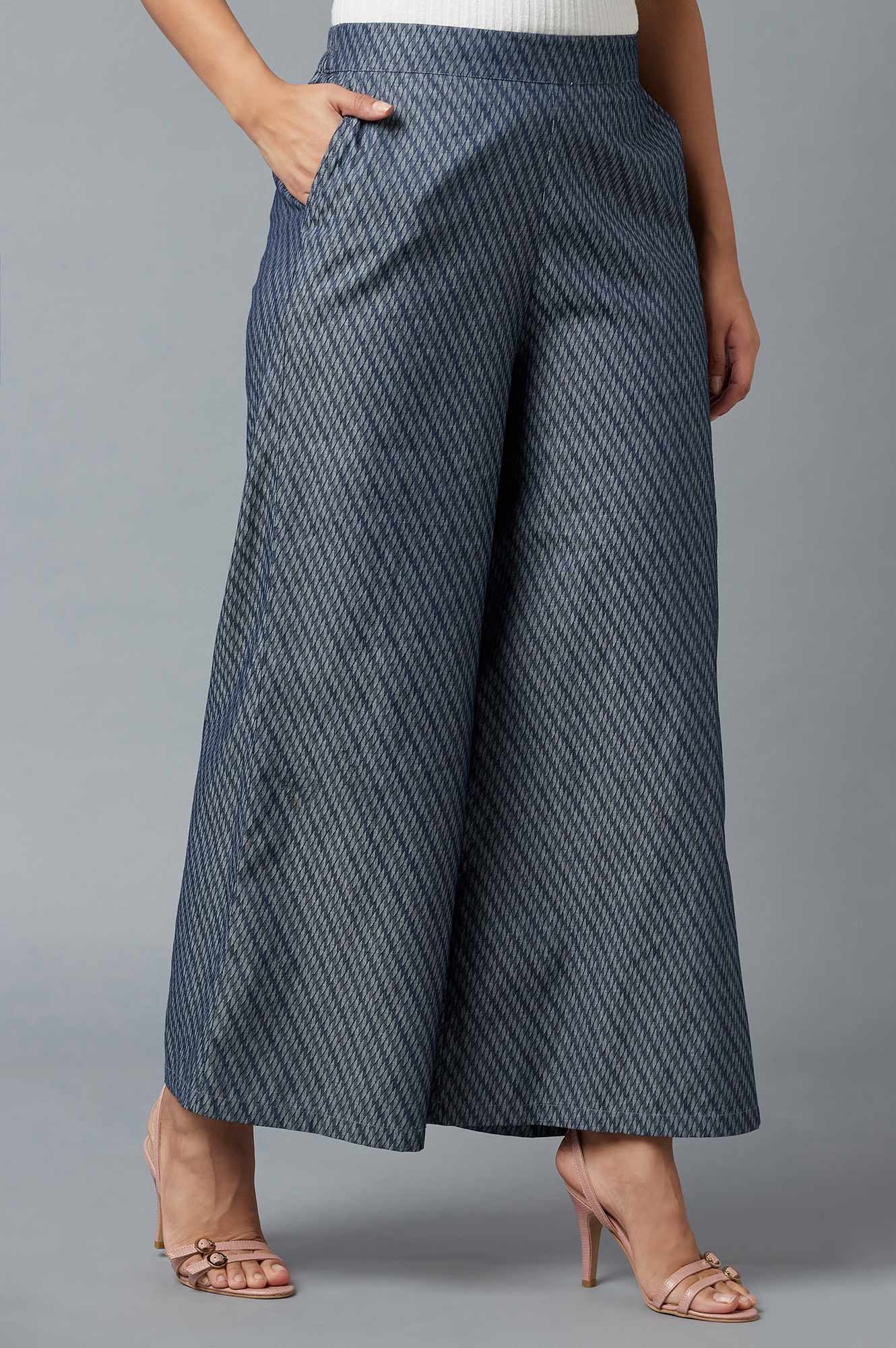 Blue Geometric Printed Flared Cotton Palazzo With Elasticated Waist