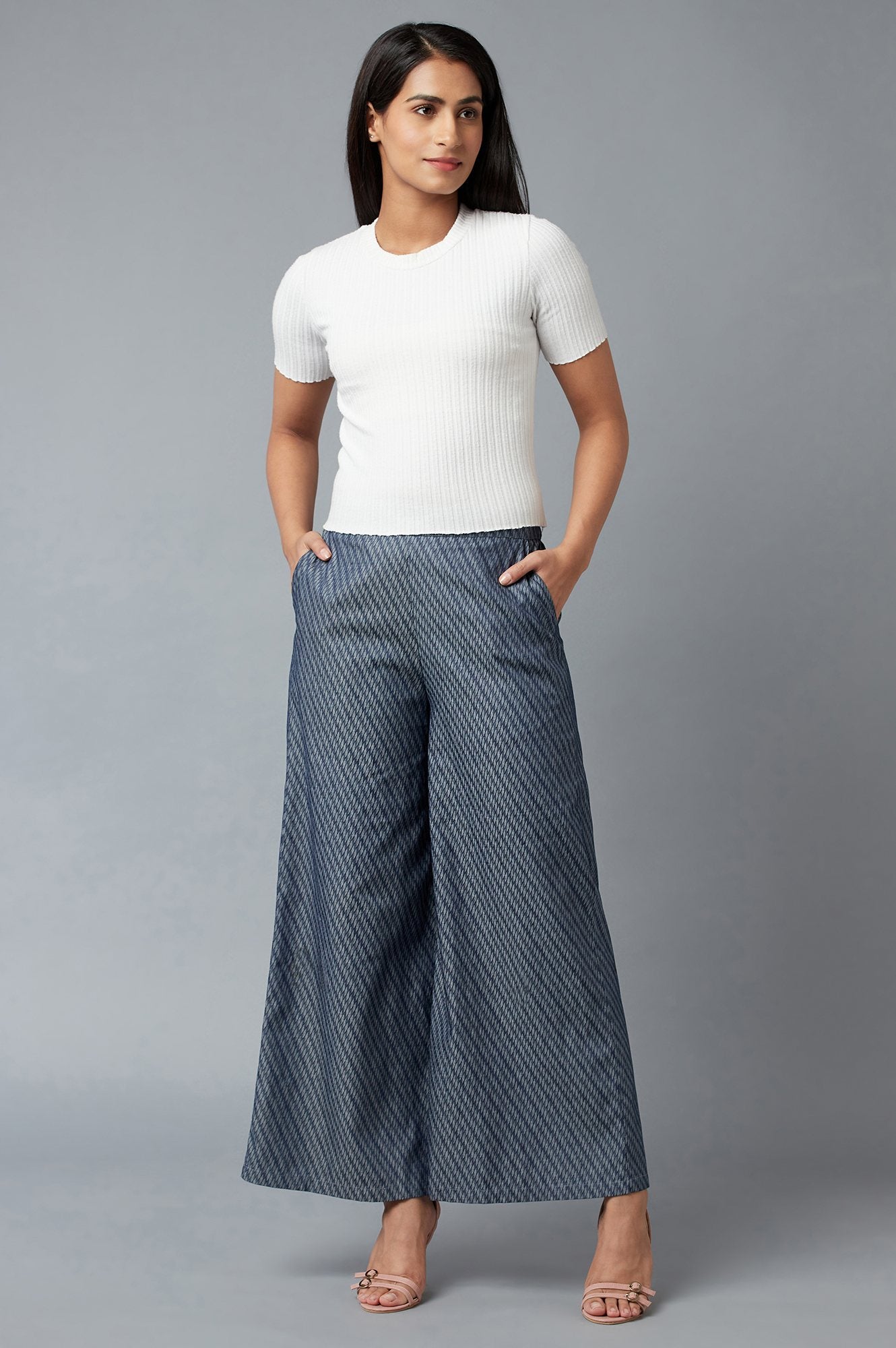 Blue Geometric Printed Flared Cotton Palazzo With Elasticated Waist