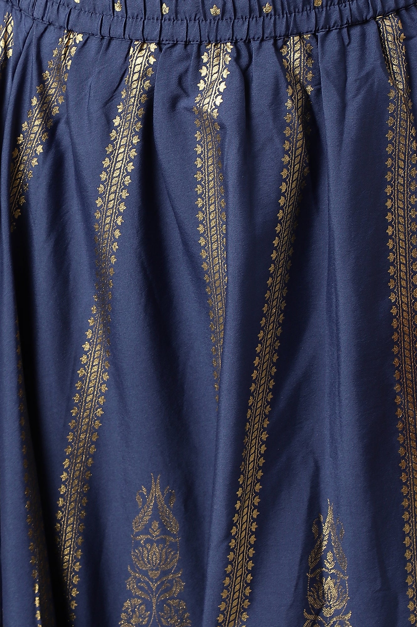 Navy Blue Floral Printed Flared Woven Skirt With Elasticated Waist