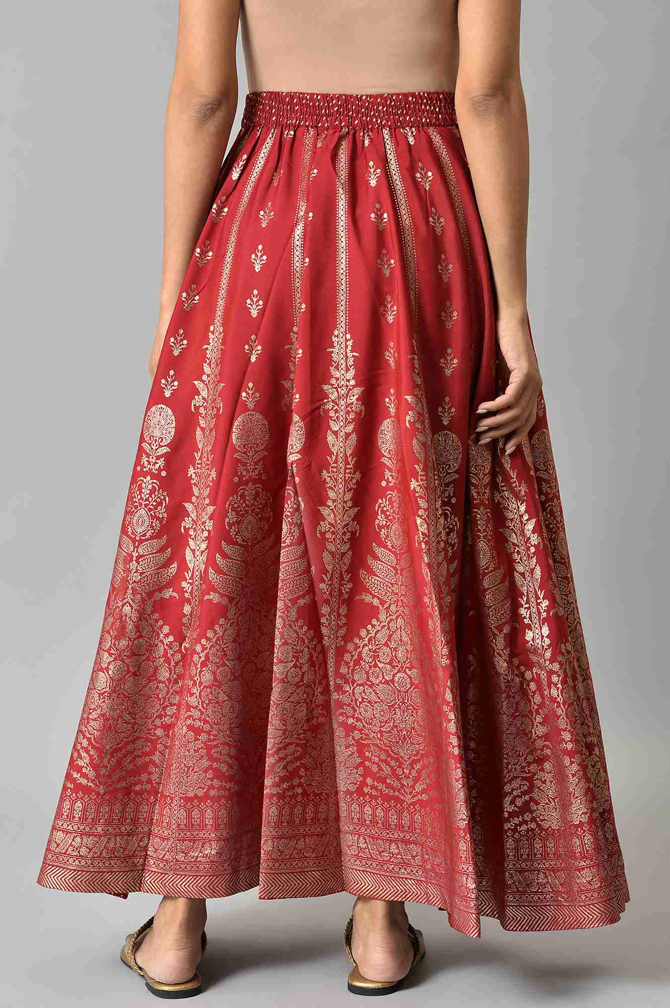 Maroon Floral Printed Flared Woven Skirt With Elasticated Waist