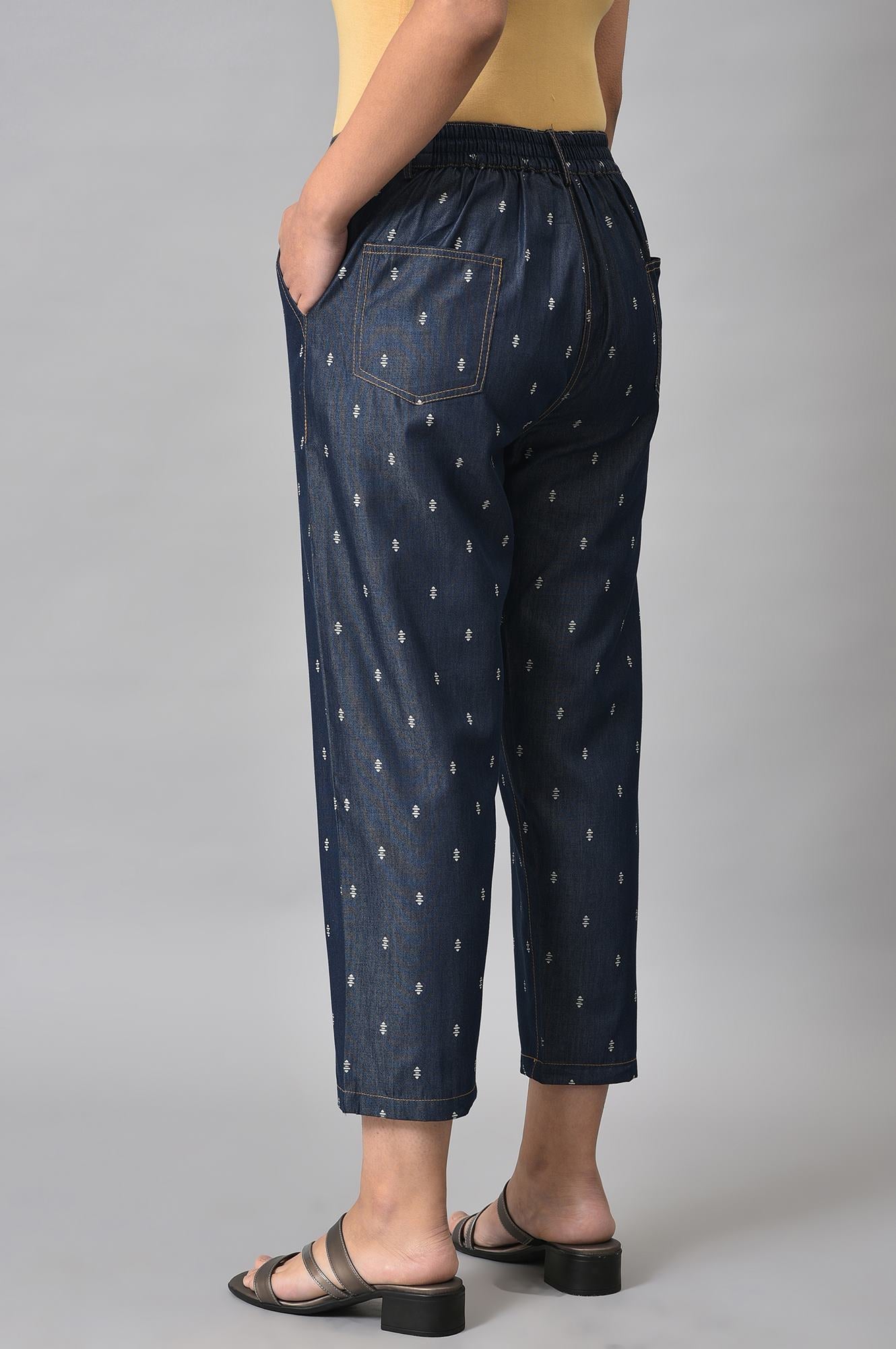 Navy Blue Geometric Printed Straight Fit Denim Pants With Elasticated Waistband