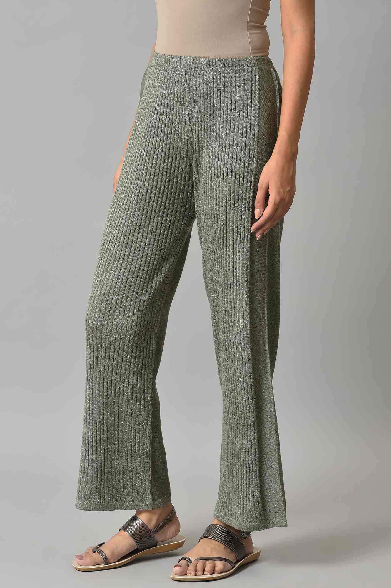 Muted Sage Green Solid Boot Cut Acrylic Palazzo With Elasticated Waist
