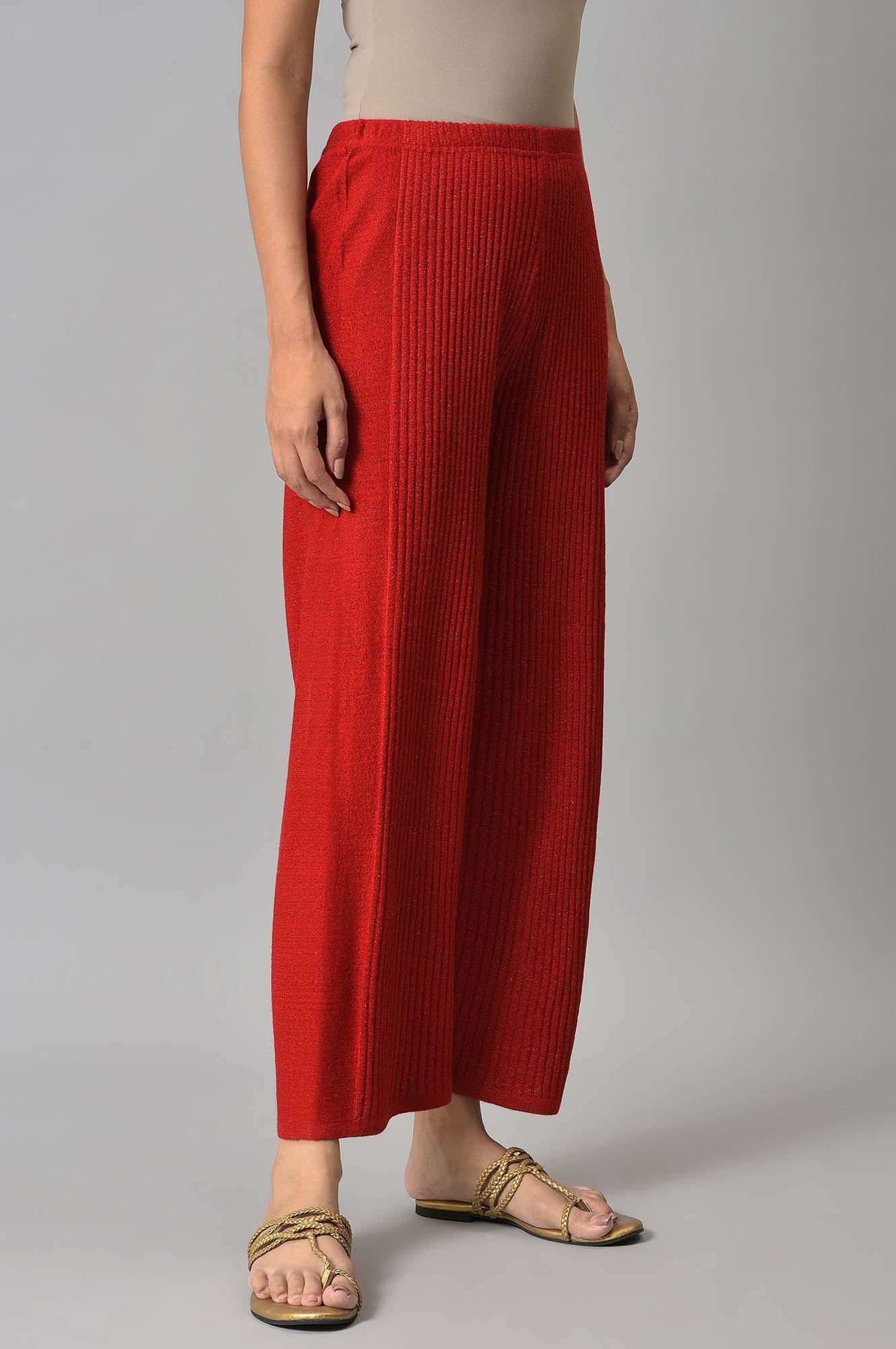 Red Solid Wide Leg Acrylic Palazzo With Elasticated Waist