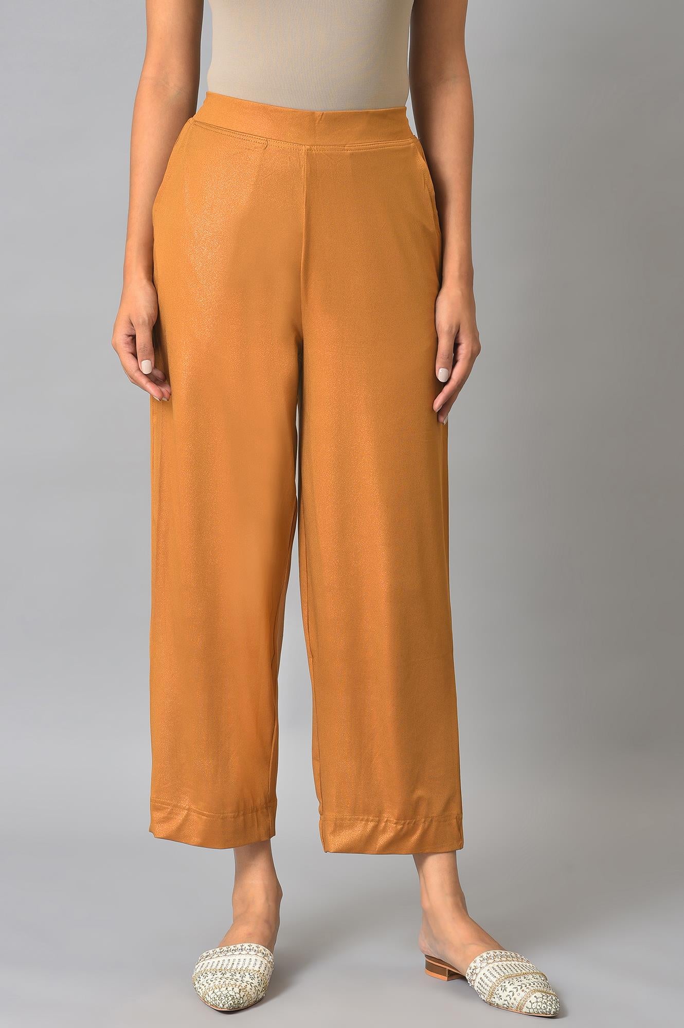 Brown Solid Straight Fit Palazzo With Slip On Closure