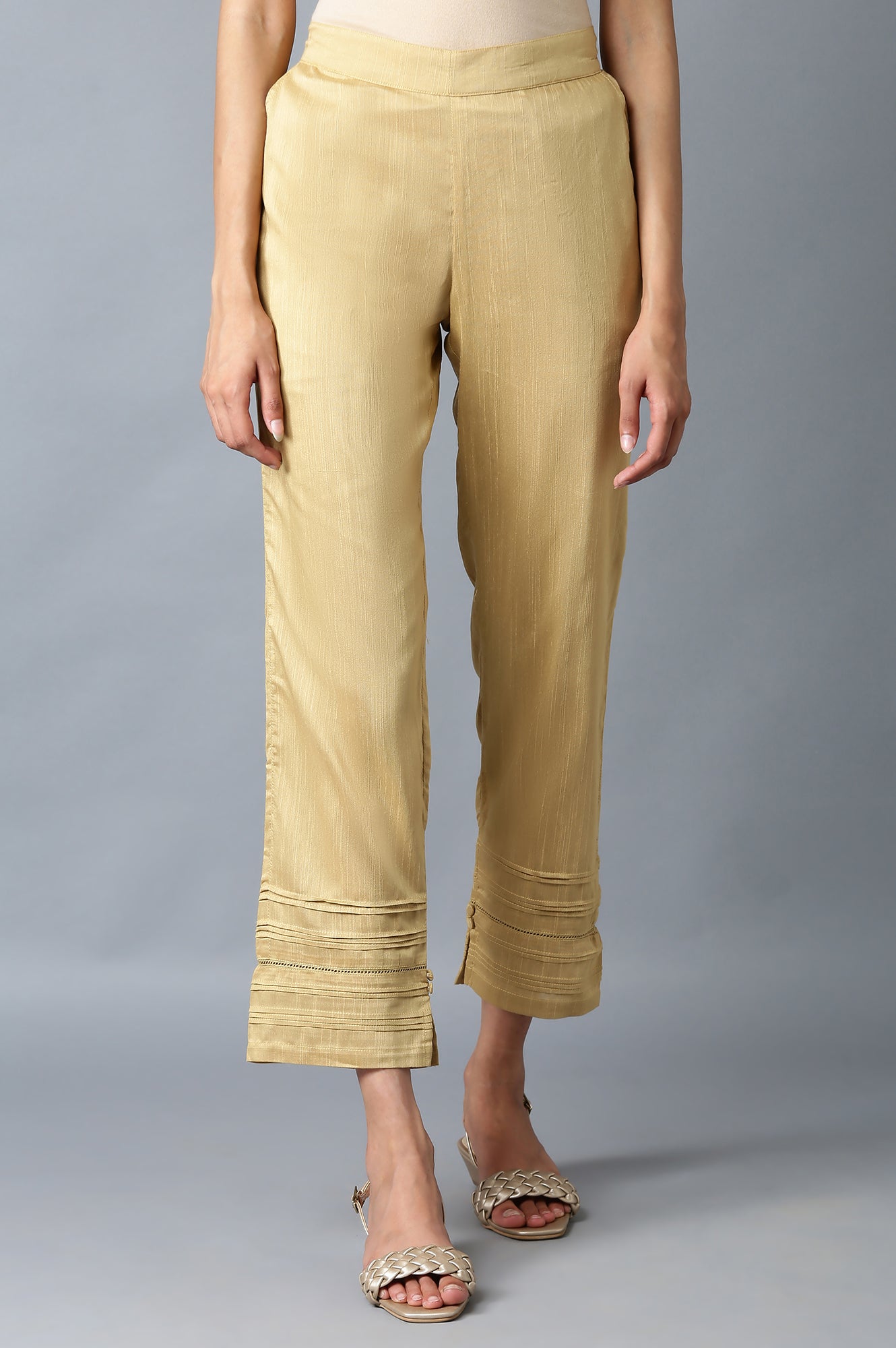 Gold Solid Straight Fit Trousers With Elasticated Waist