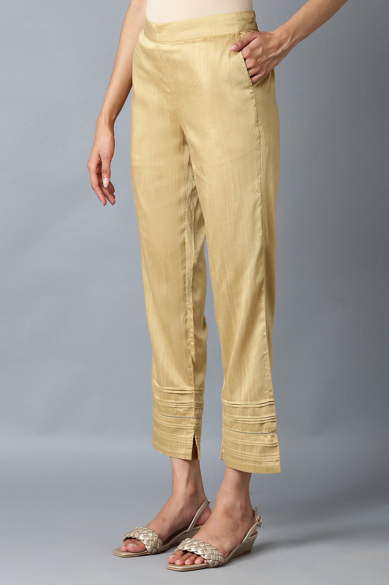 Gold Solid Straight Fit Trousers With Elasticated Waist