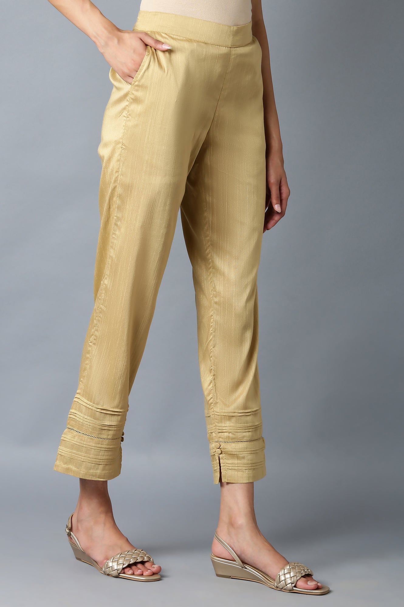 Gold Solid Straight Fit Trousers With Elasticated Waist