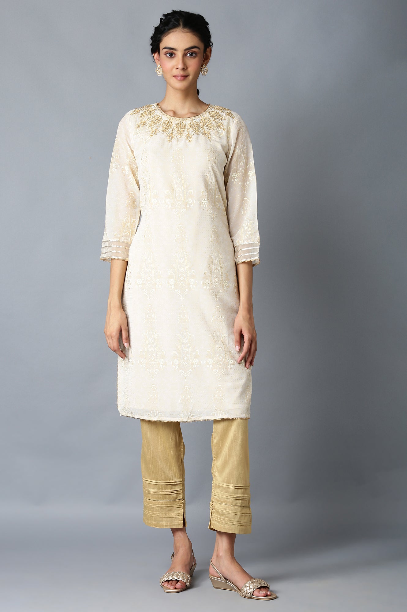 Gold Solid Straight Fit Trousers With Elasticated Waist