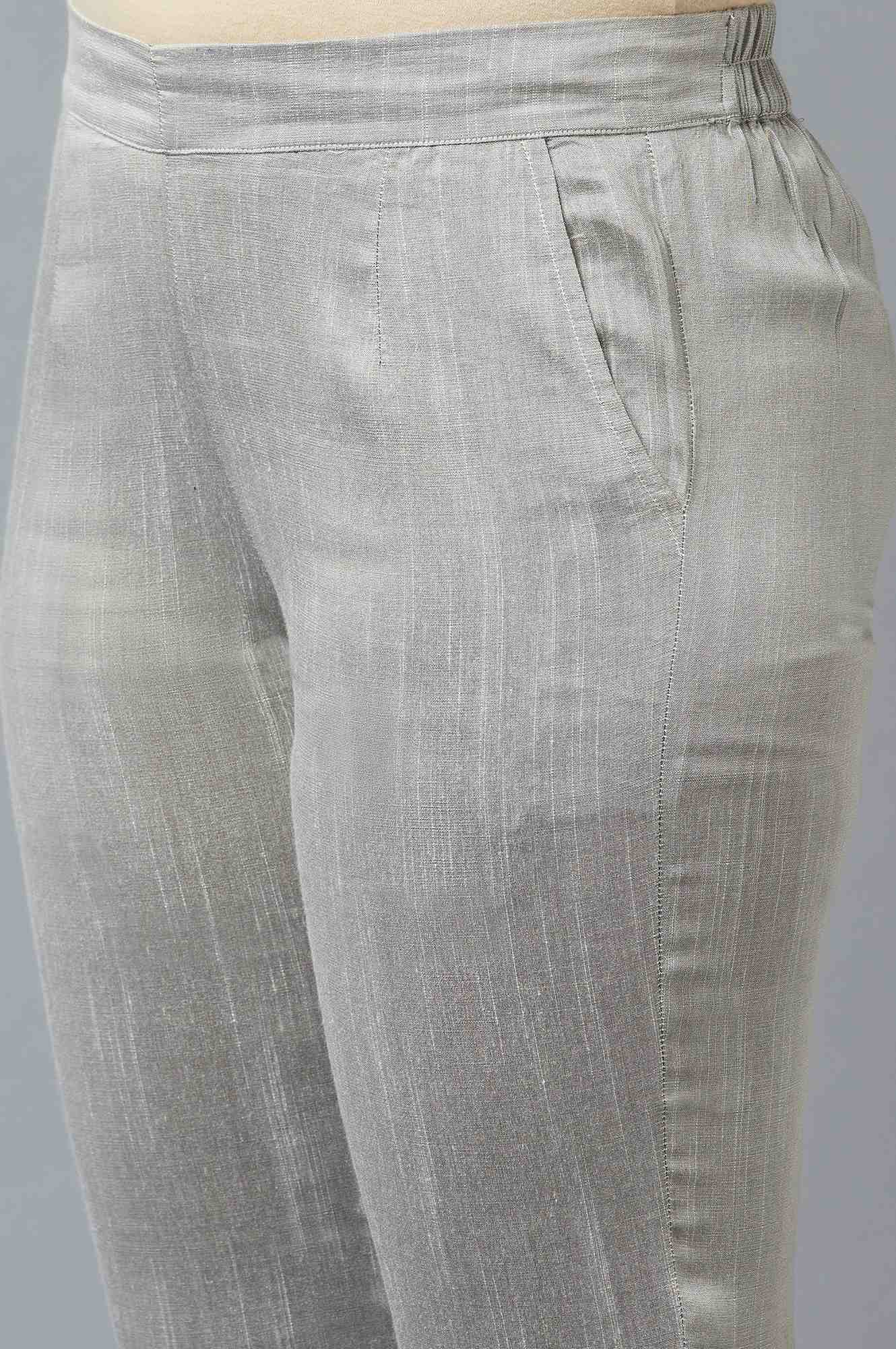 Grey Solid Straight Fit Trousers With Elasticated Waistband