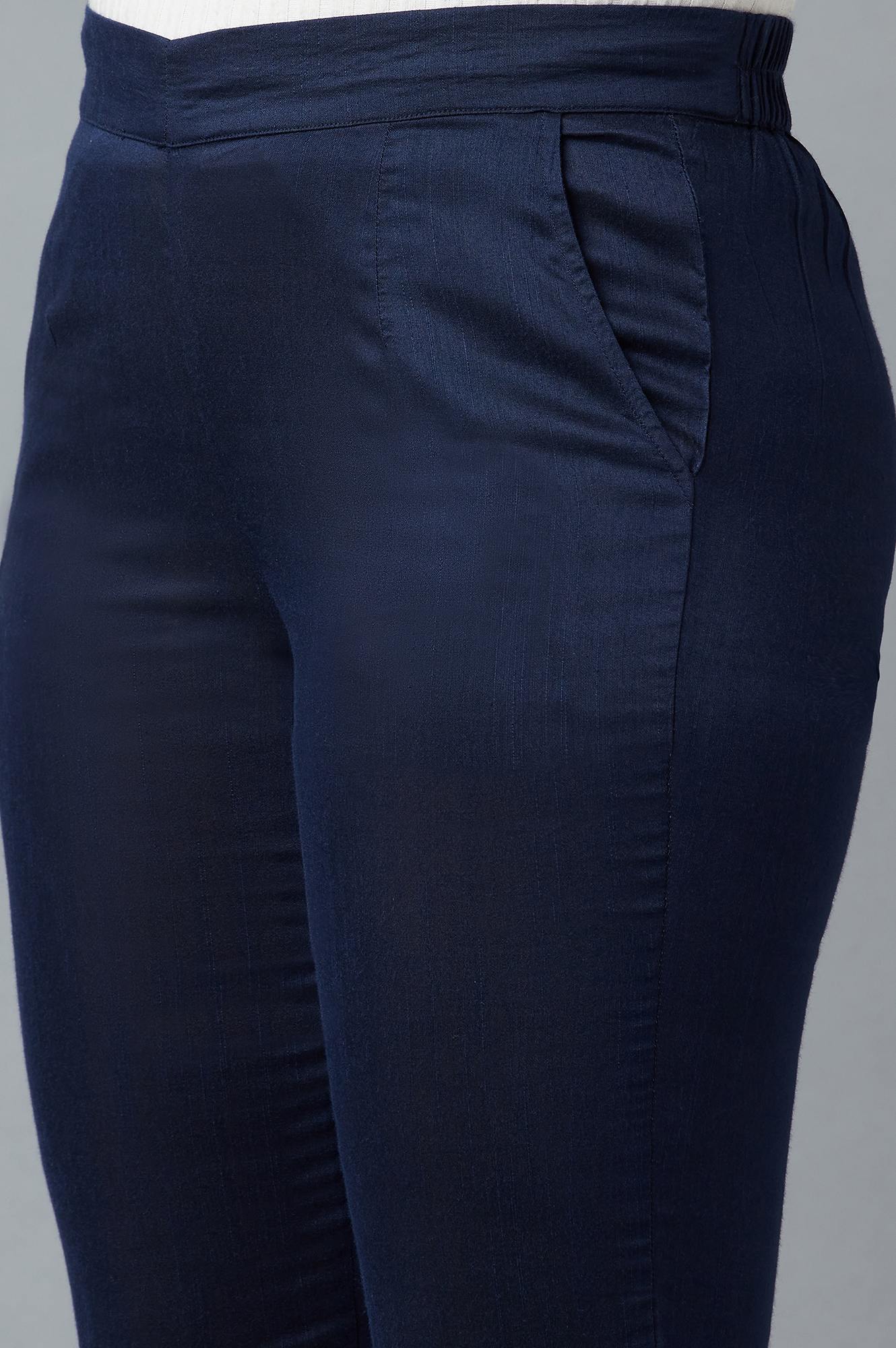 Navy Blue Solid Straight Fit Trousers With Elasticated Waist