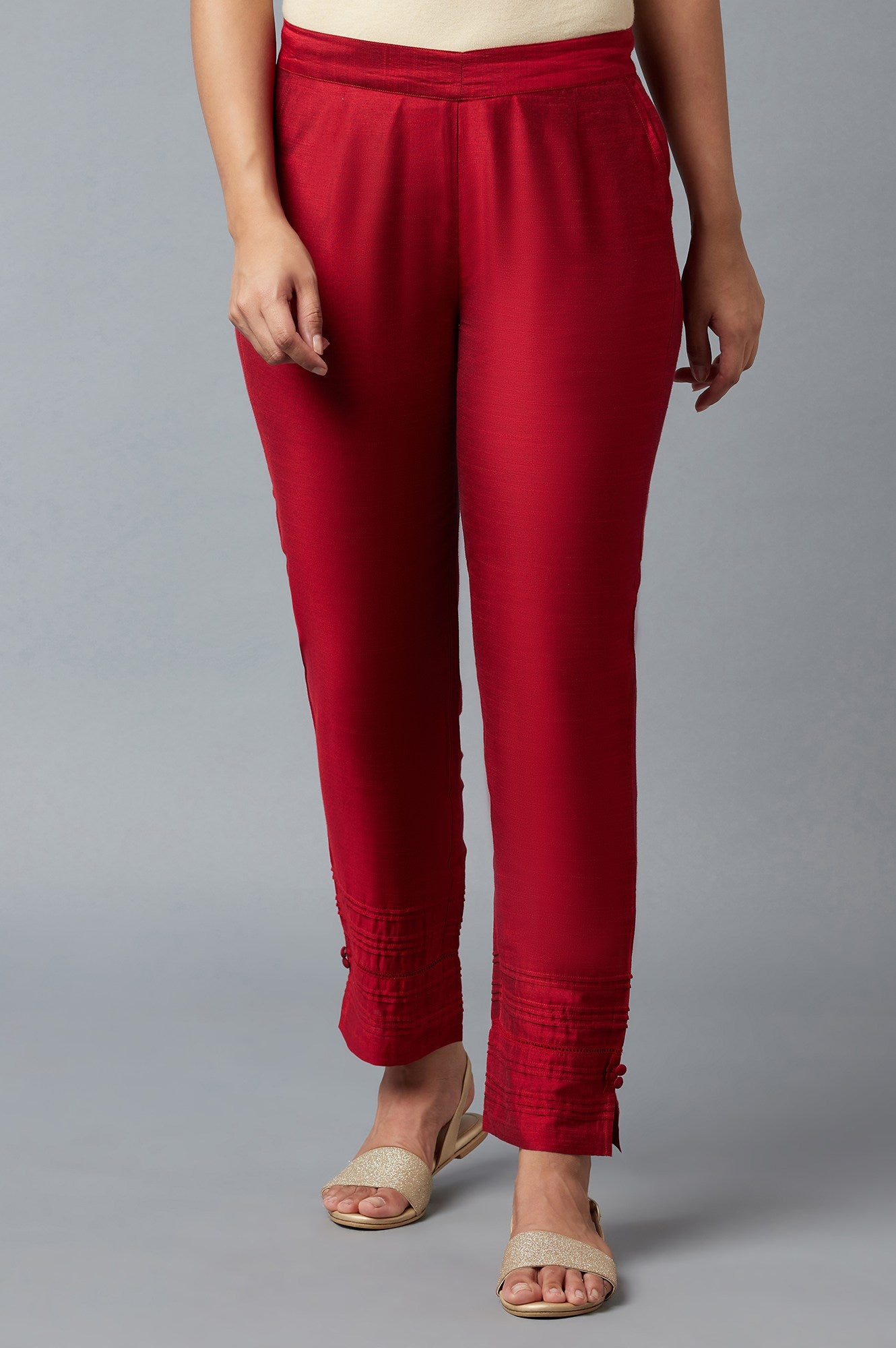 Red Solid Straight Fit Trousers With Elasticated Waist