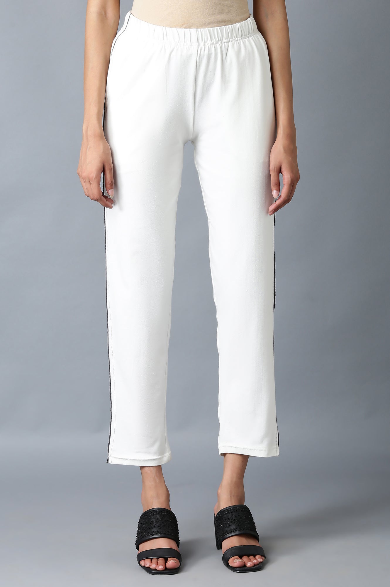 White Solid Straight Fit Cotton Pants With Elasticated Waistband
