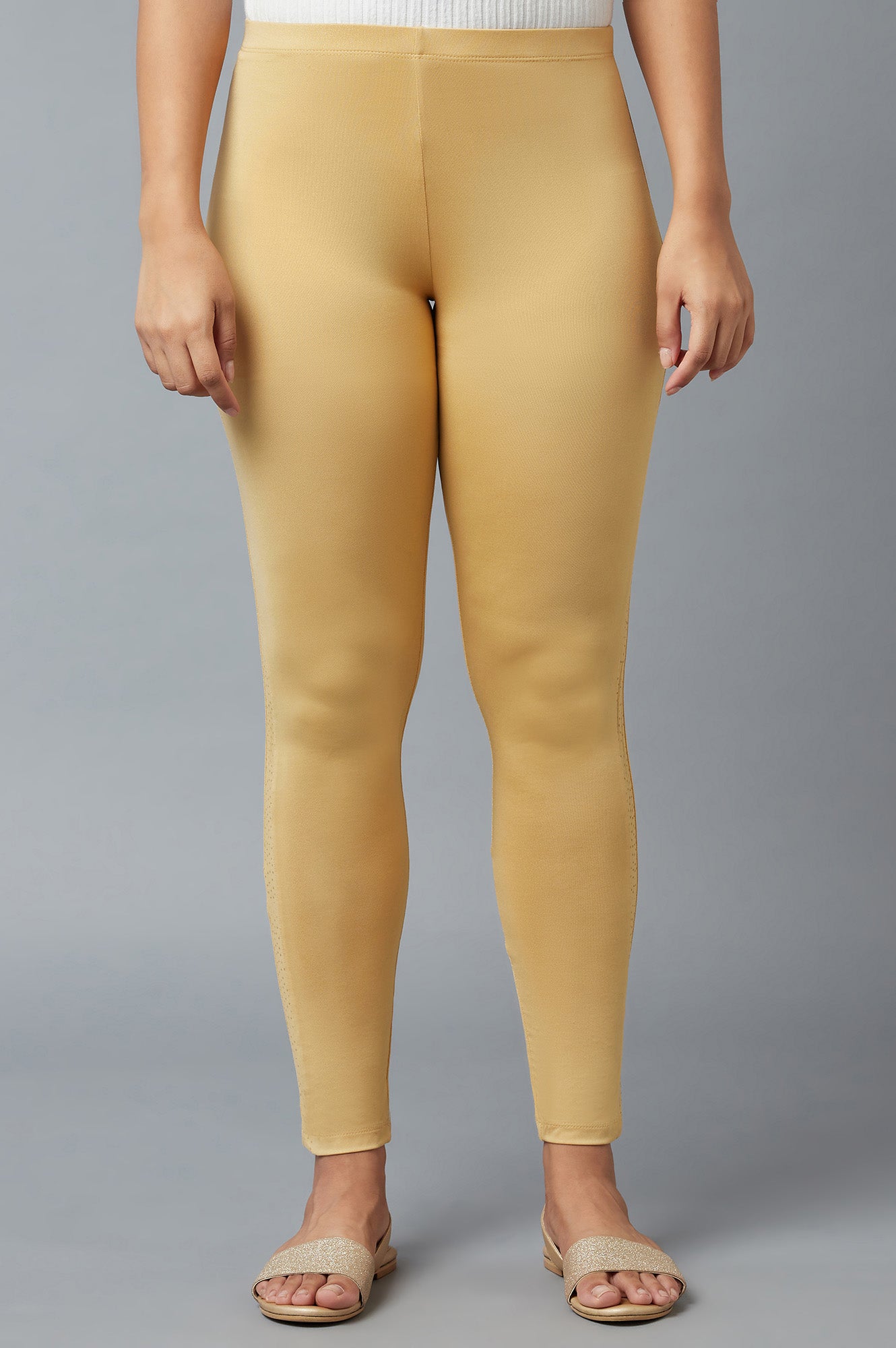 Gold Solid Skinny Poly Lycra Tights With Elasticated Waist