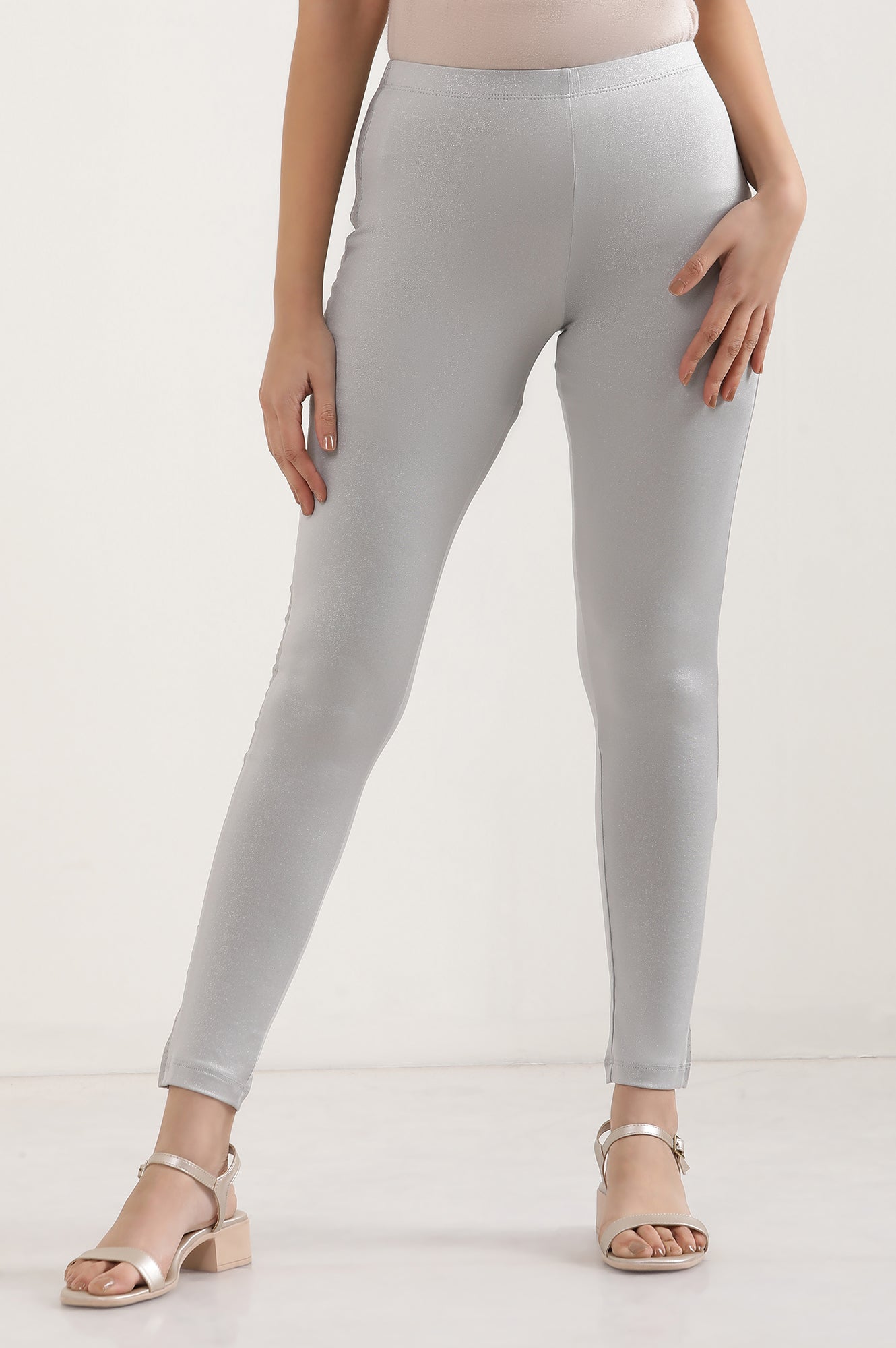 Silver Solid Skinny Fit Tights With Elasticated Waist