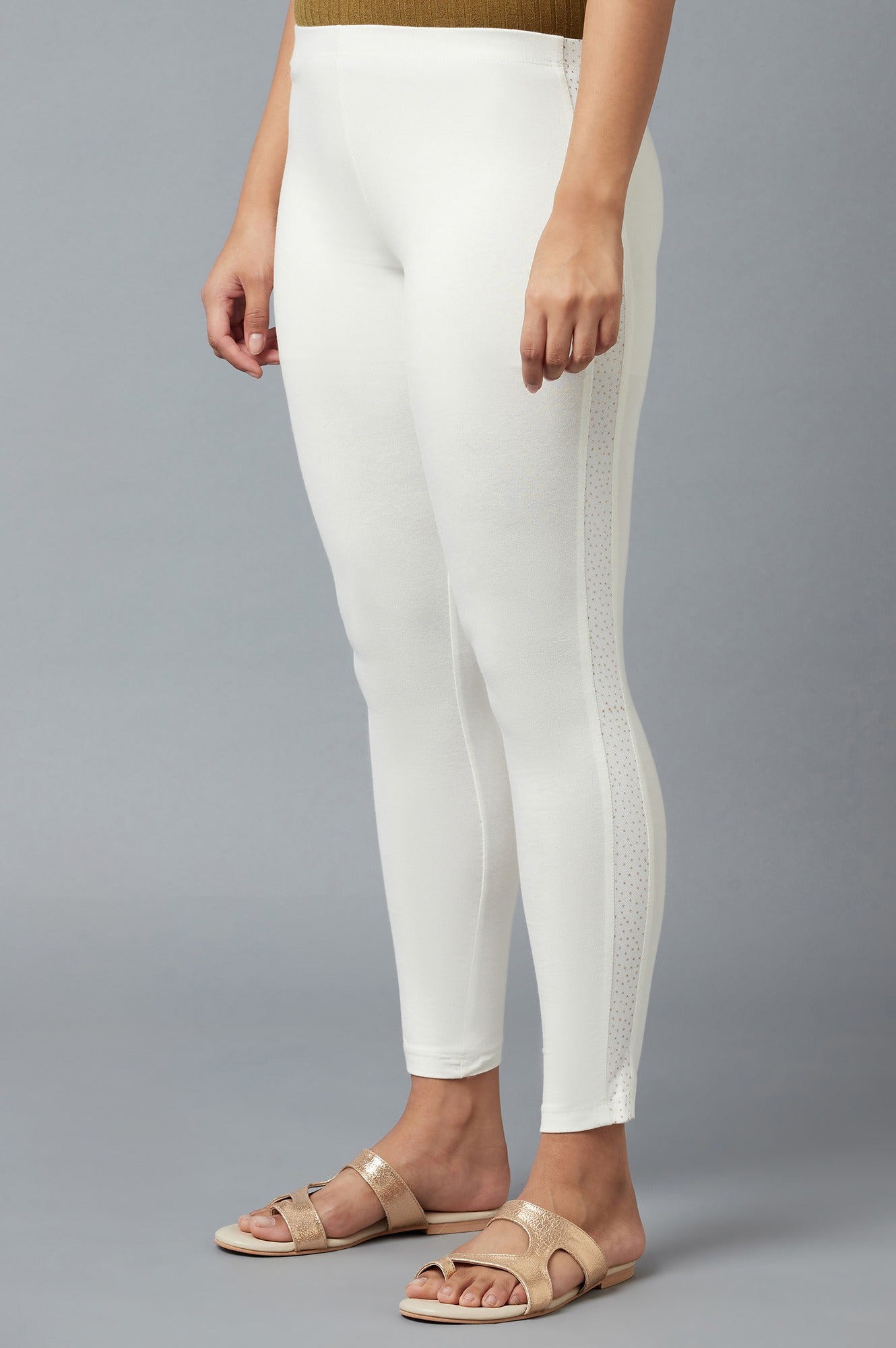 White Solid Skinny Fit Cotton Tights With Elasticated Waist