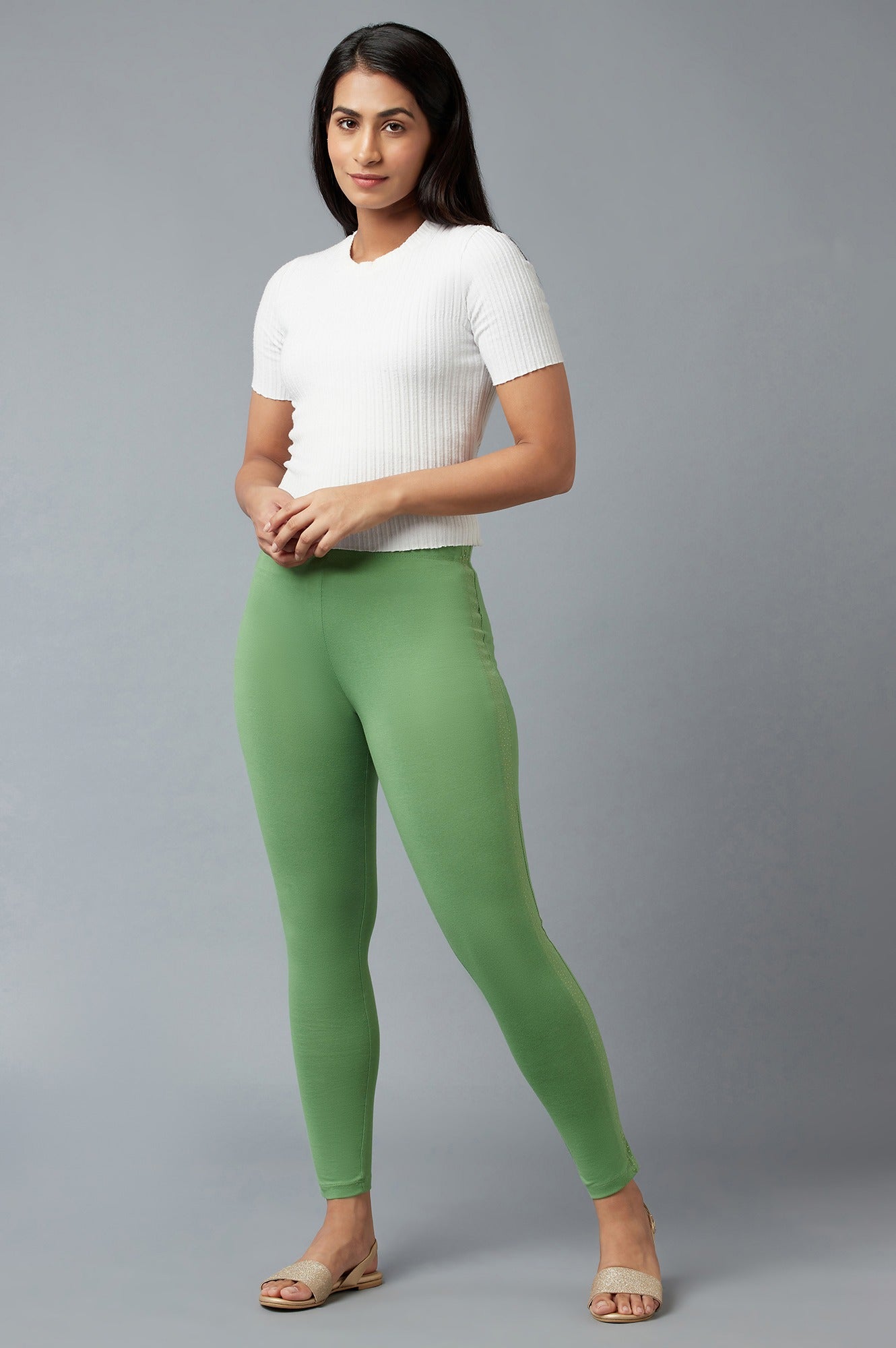 Green Solid Skinny Cotton Tights With Elasticated Waist