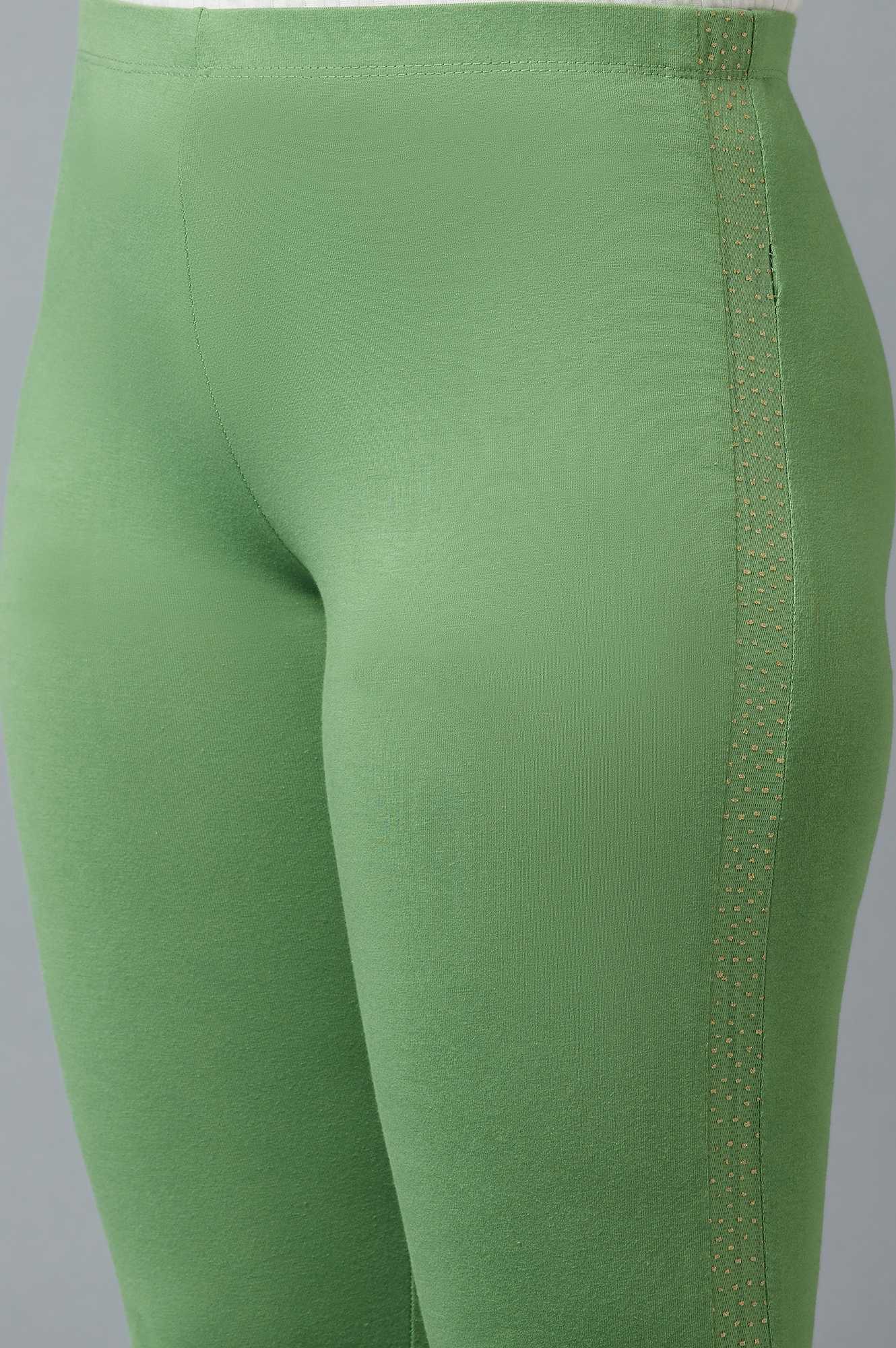 Green Solid Skinny Cotton Tights With Elasticated Waist
