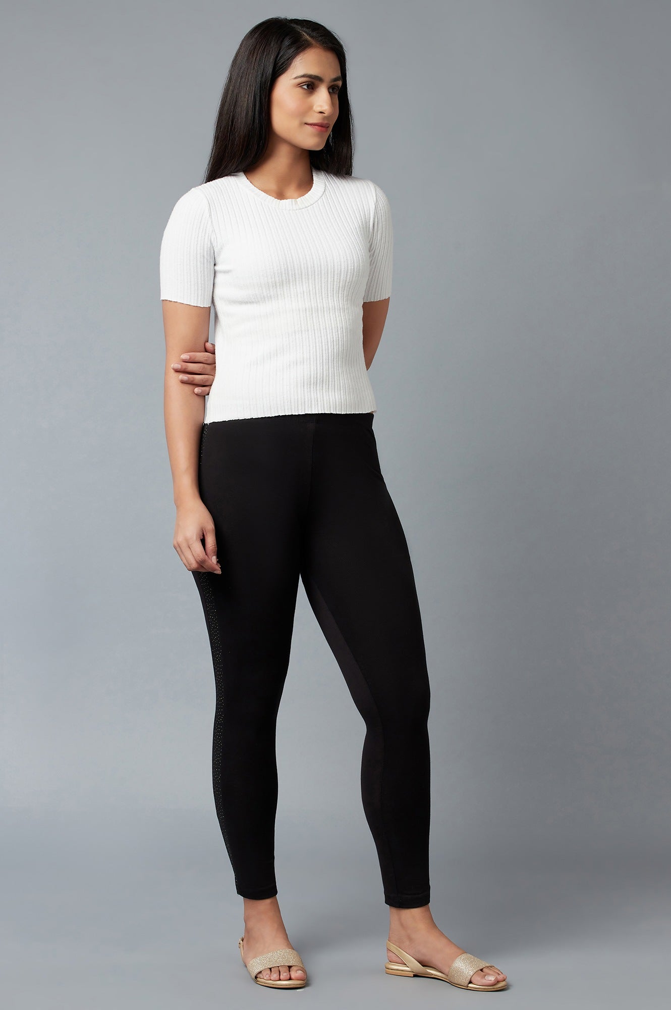 Black Solid Skinny Cotton Tights With Elasticated Waist